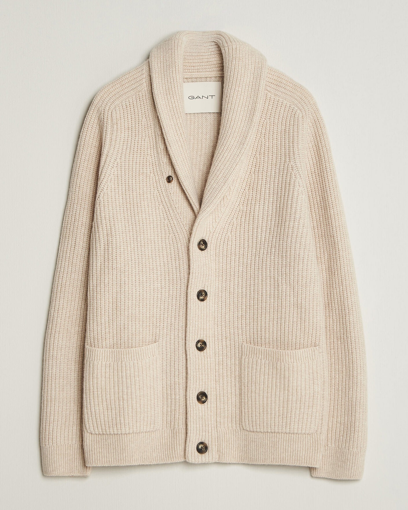 Heren | Truien | Gant | Wool/Cotton Ribbed Shawl Collar Cardigan Light Beige