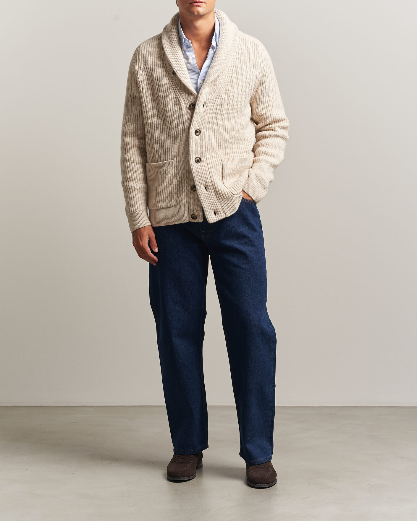 Heren | Truien | Gant | Wool/Cotton Ribbed Shawl Collar Cardigan Light Beige