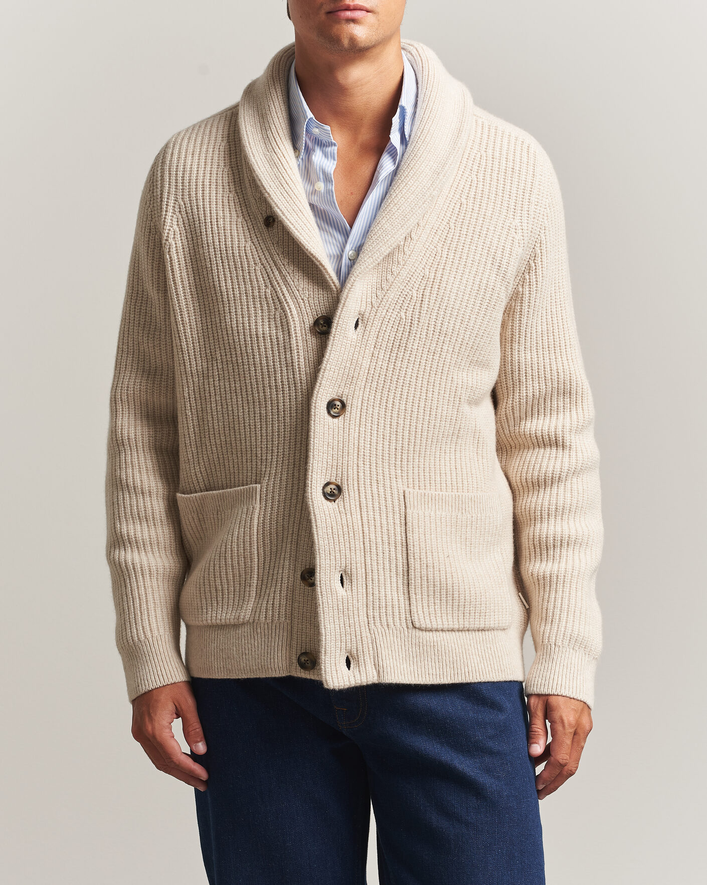Heren | Truien | Gant | Wool/Cotton Ribbed Shawl Collar Cardigan Light Beige
