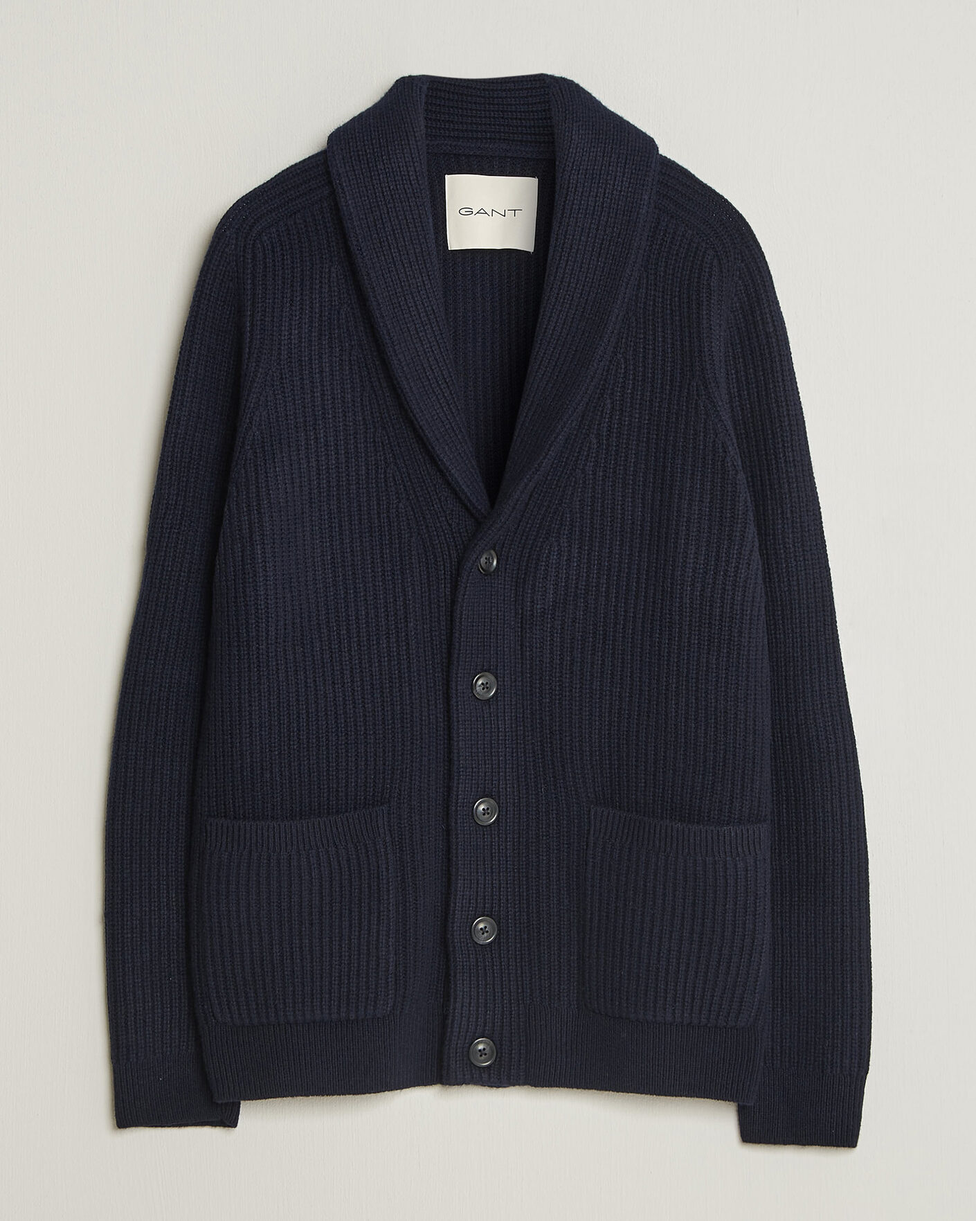 Heren | Truien | Gant | Wool/Cotton Ribbed Shawl Collar Cardigan Evening Blue