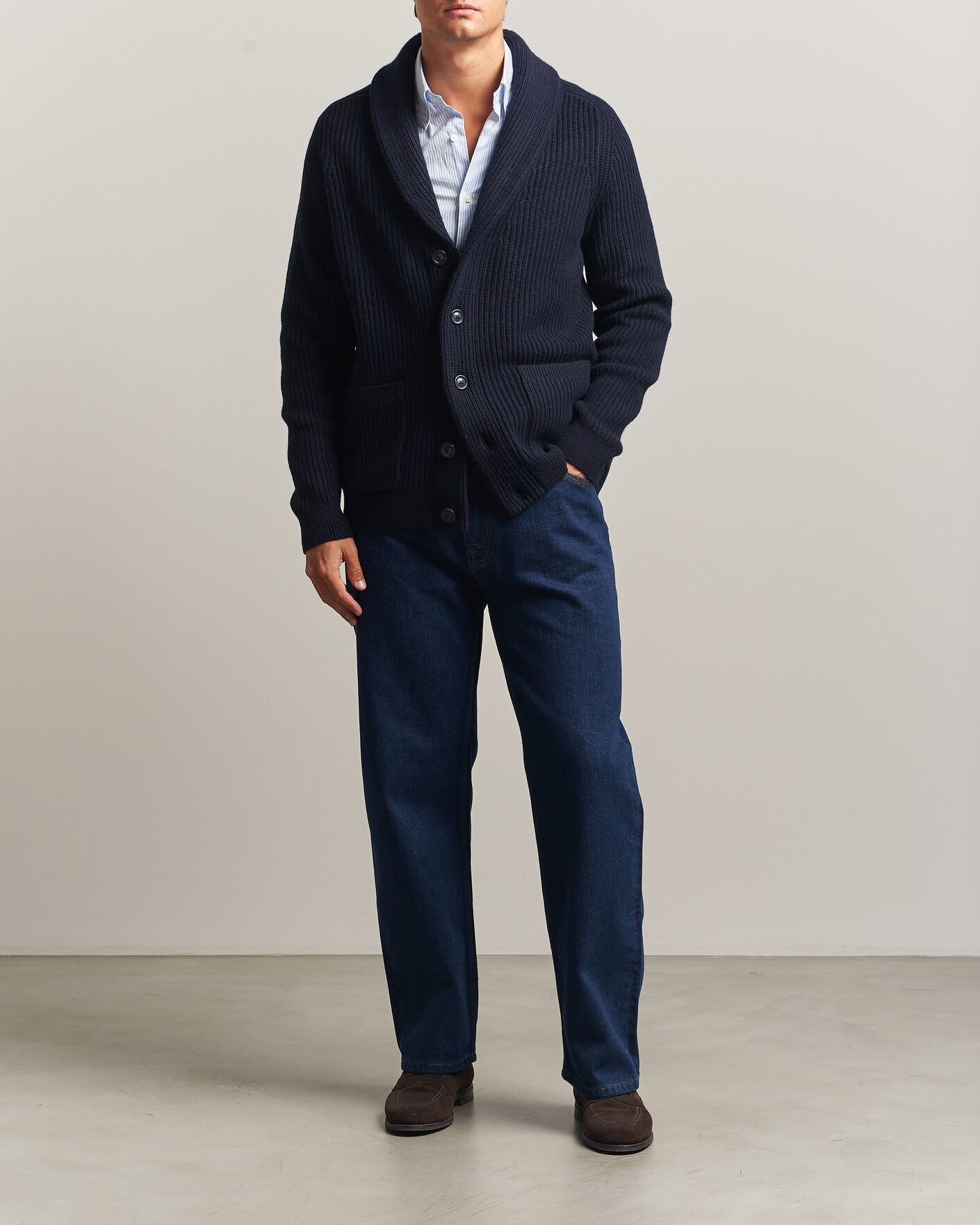 Heren | Truien | Gant | Wool/Cotton Ribbed Shawl Collar Cardigan Evening Blue