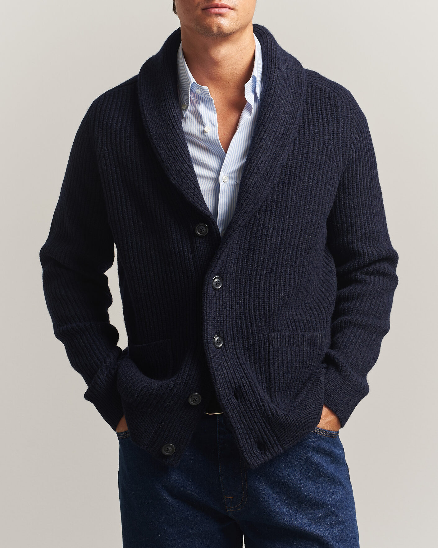 Heren | Truien | Gant | Wool/Cotton Ribbed Shawl Collar Cardigan Evening Blue