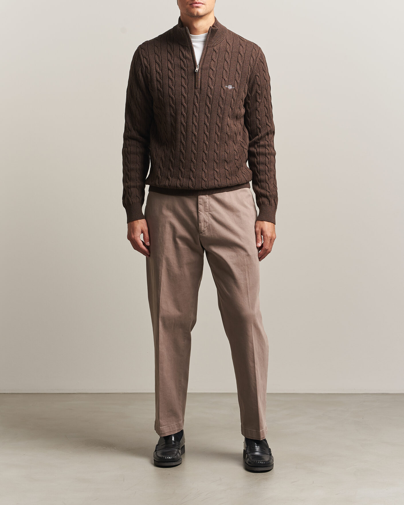 Heren | Truien | Gant | Cotton Cable Half Zip Black Brown Melange