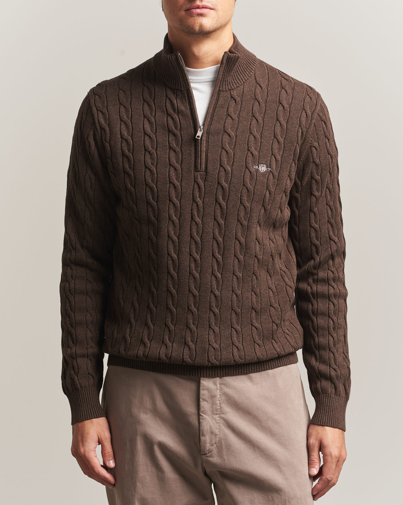 Heren | Truien | Gant | Cotton Cable Half Zip Black Brown Melange