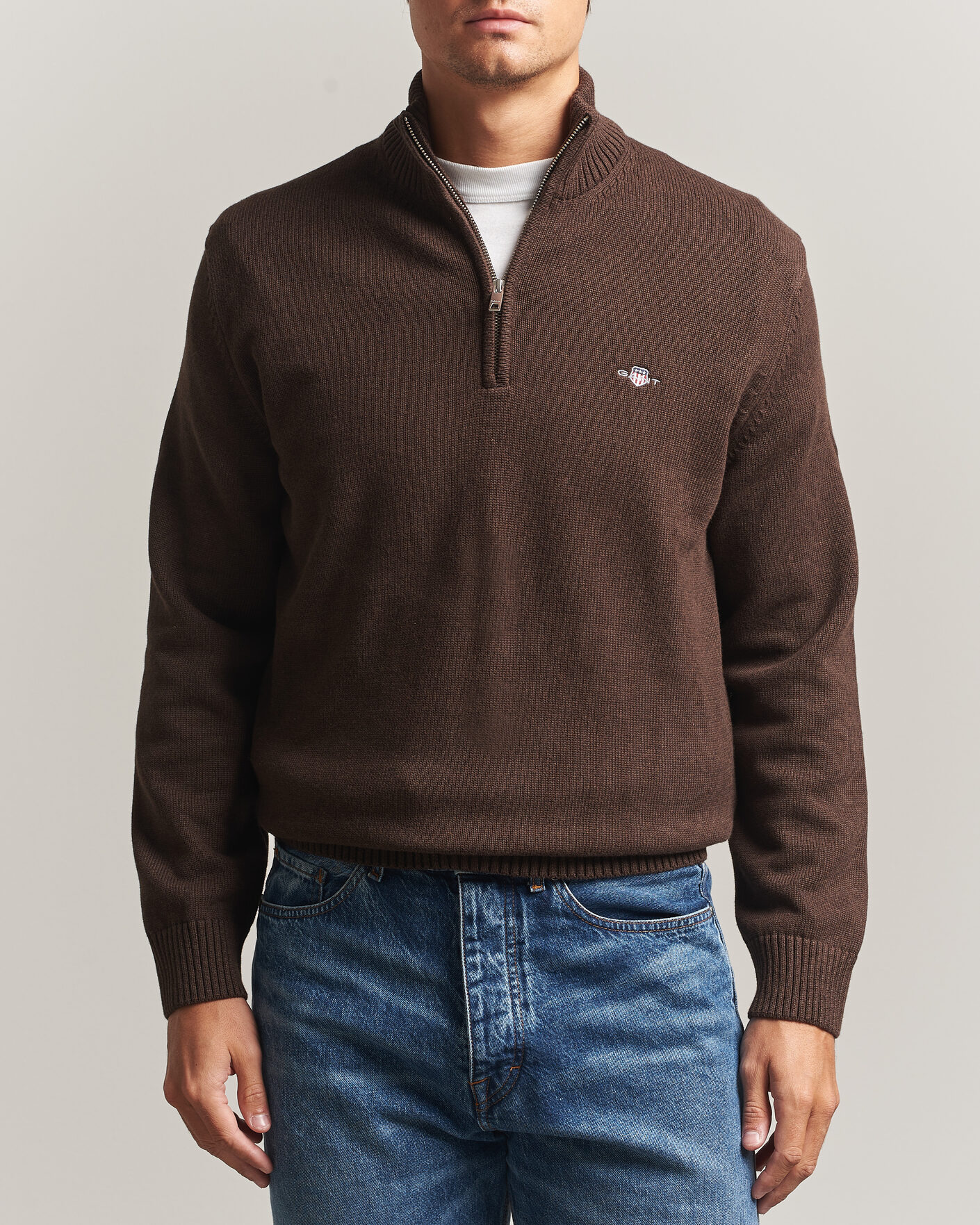 Heren | Truien | Gant | Casual Cotton Half Zip Black Brown Melange