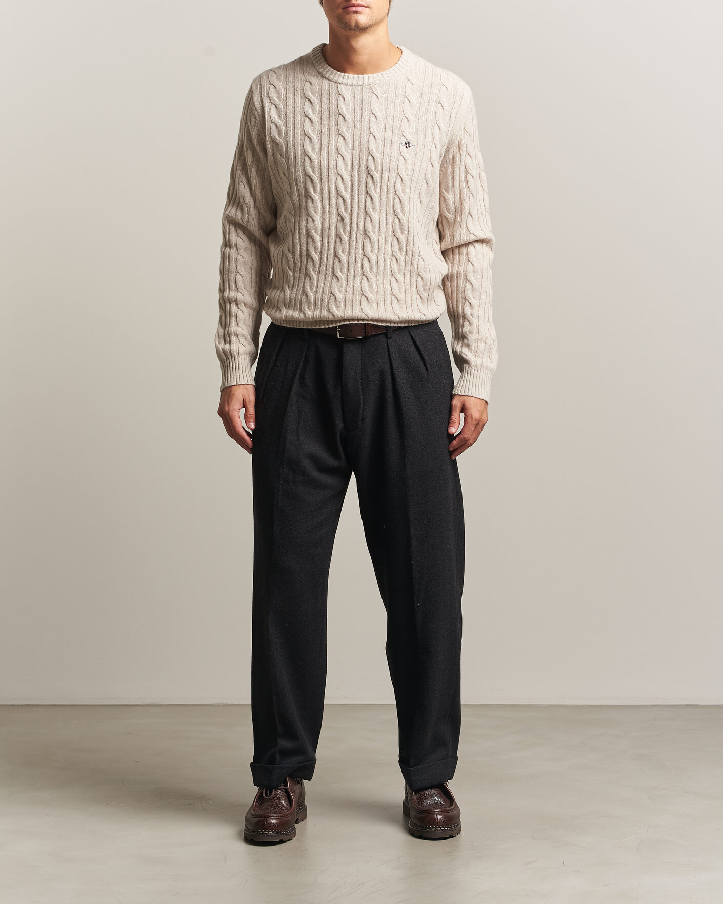 Heren | Truien | Gant | Lambswool Cable Crew Neck Clay Beige