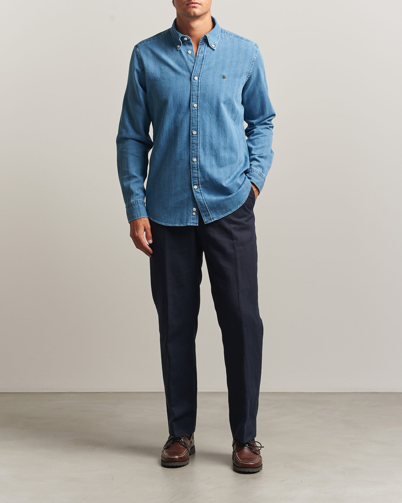 Heren | Overhemden | Morris | Indigo Herringbone Shirt Light Blue