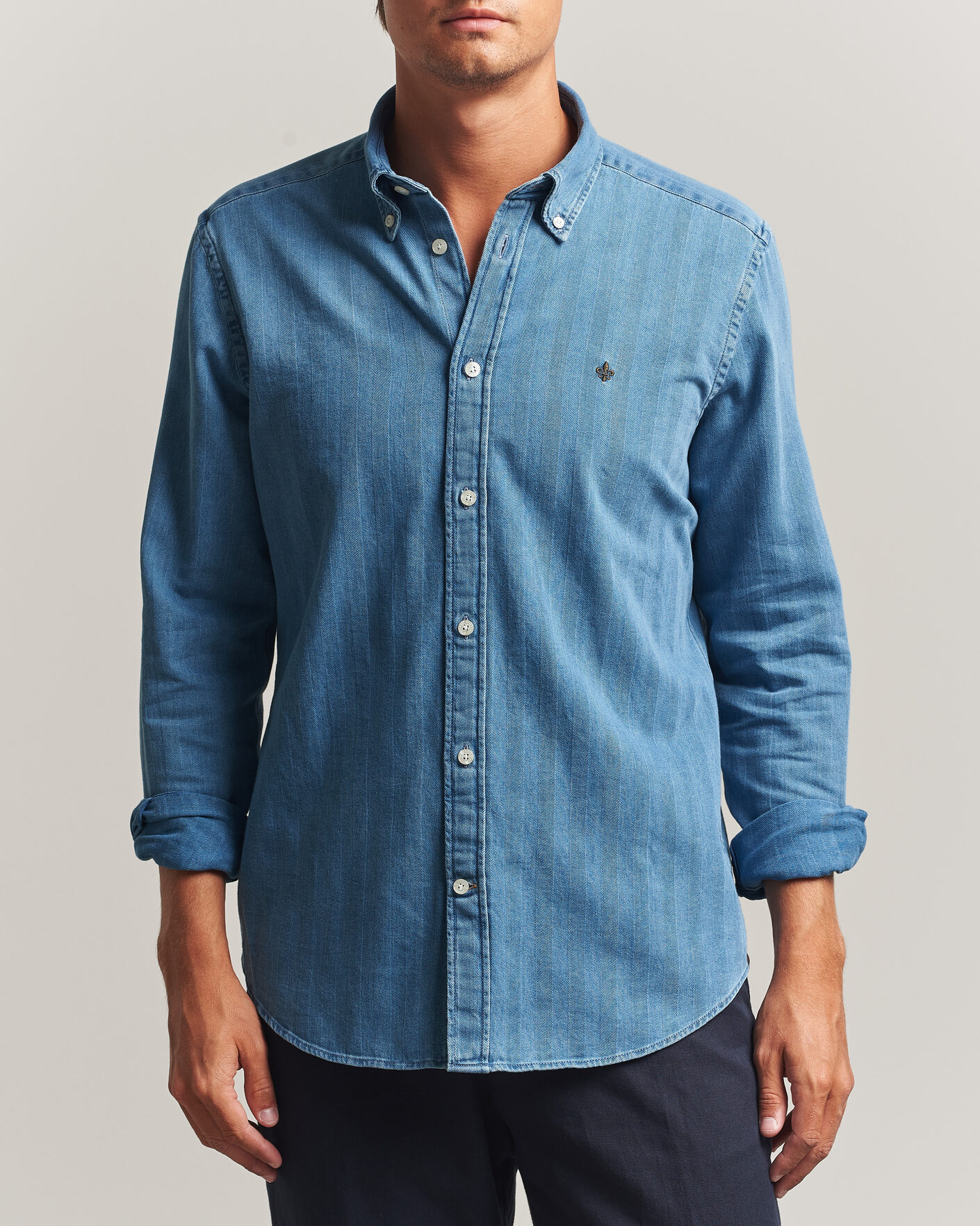 Heren | Overhemden | Morris | Indigo Herringbone Shirt Light Blue