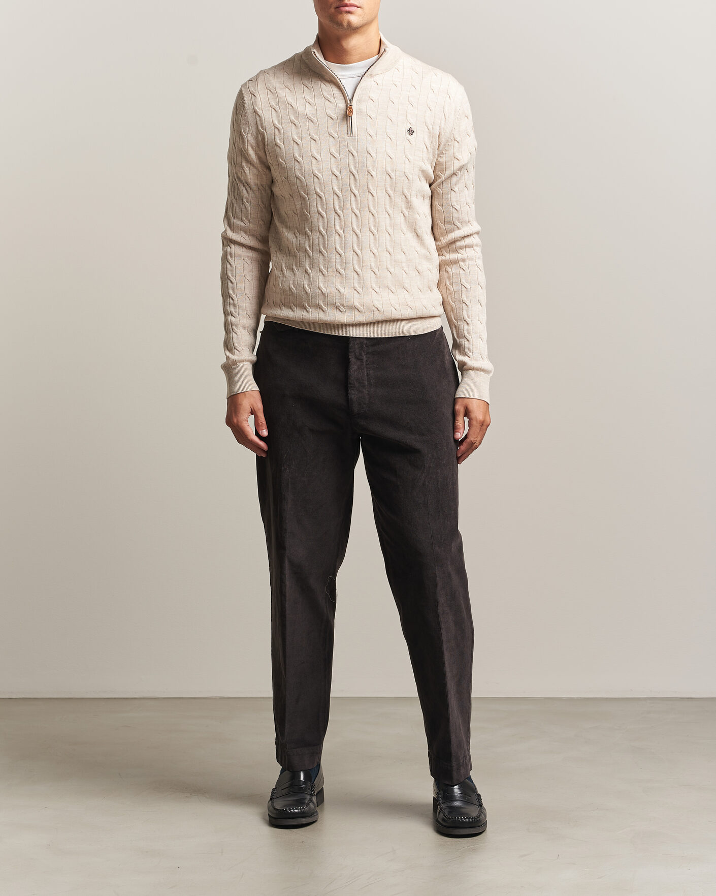 Heren | Truien | Morris | Merino Cable Half Zip Off White