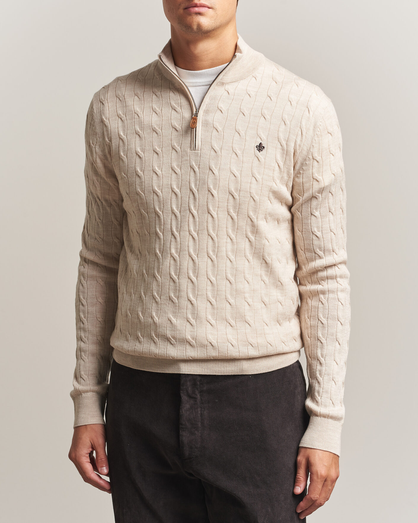 Heren | Truien | Morris | Merino Cable Half Zip Off White