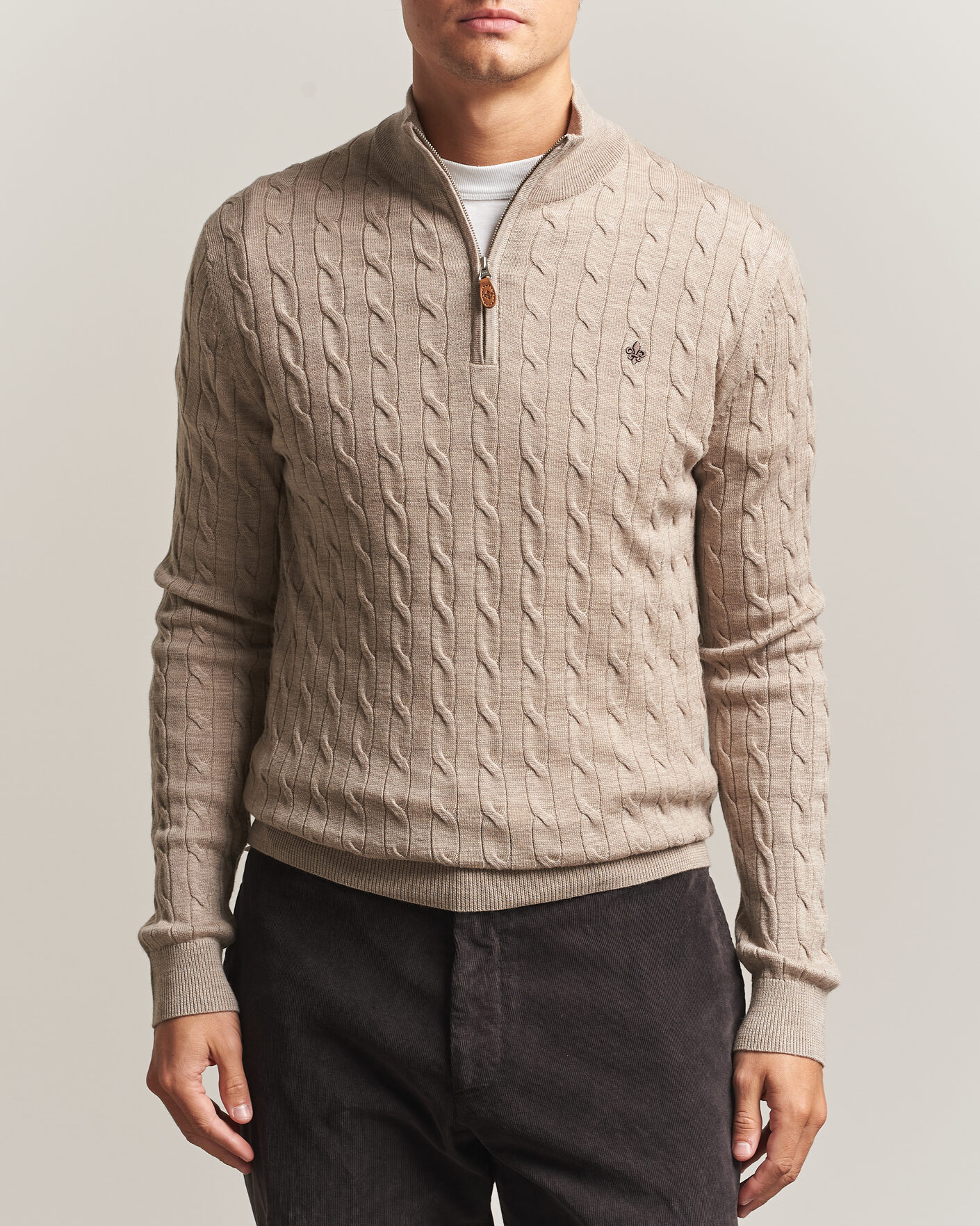 Heren | Truien | Morris | Merino Cable Half Zip Khaki