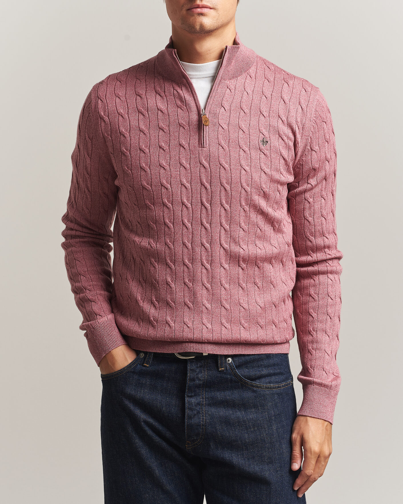 Heren | Truien | Morris | Merino Cable Half Zip Cerise