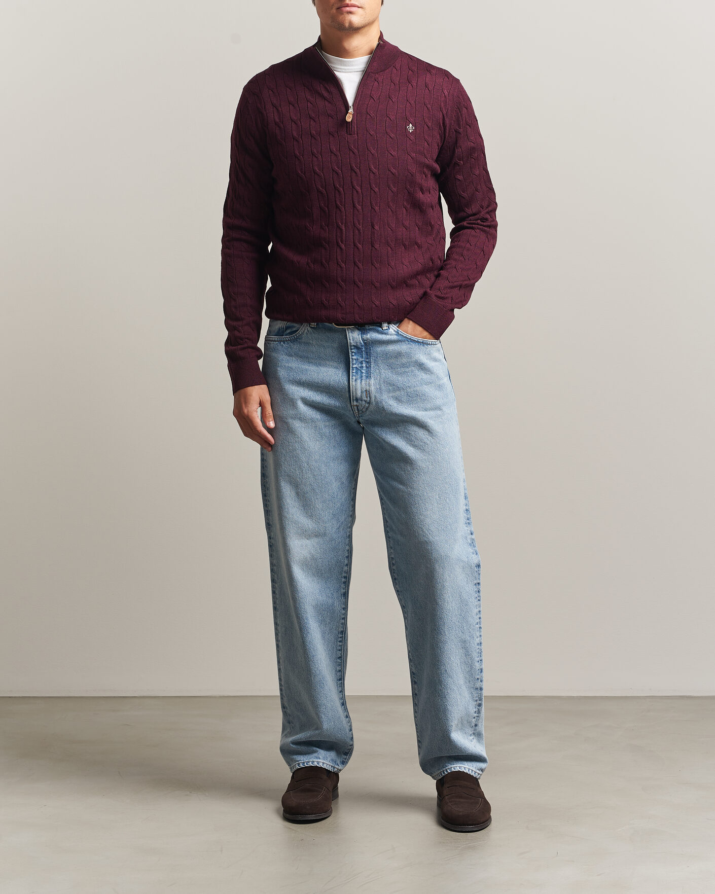 Heren | Truien | Morris | Merino Cable Half Zip Wine Red