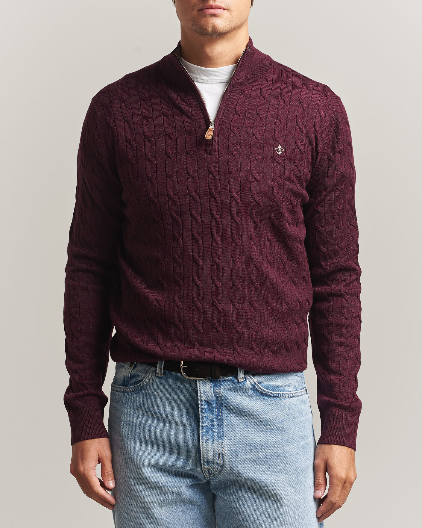 Heren | Truien | Morris | Merino Cable Half Zip Wine Red