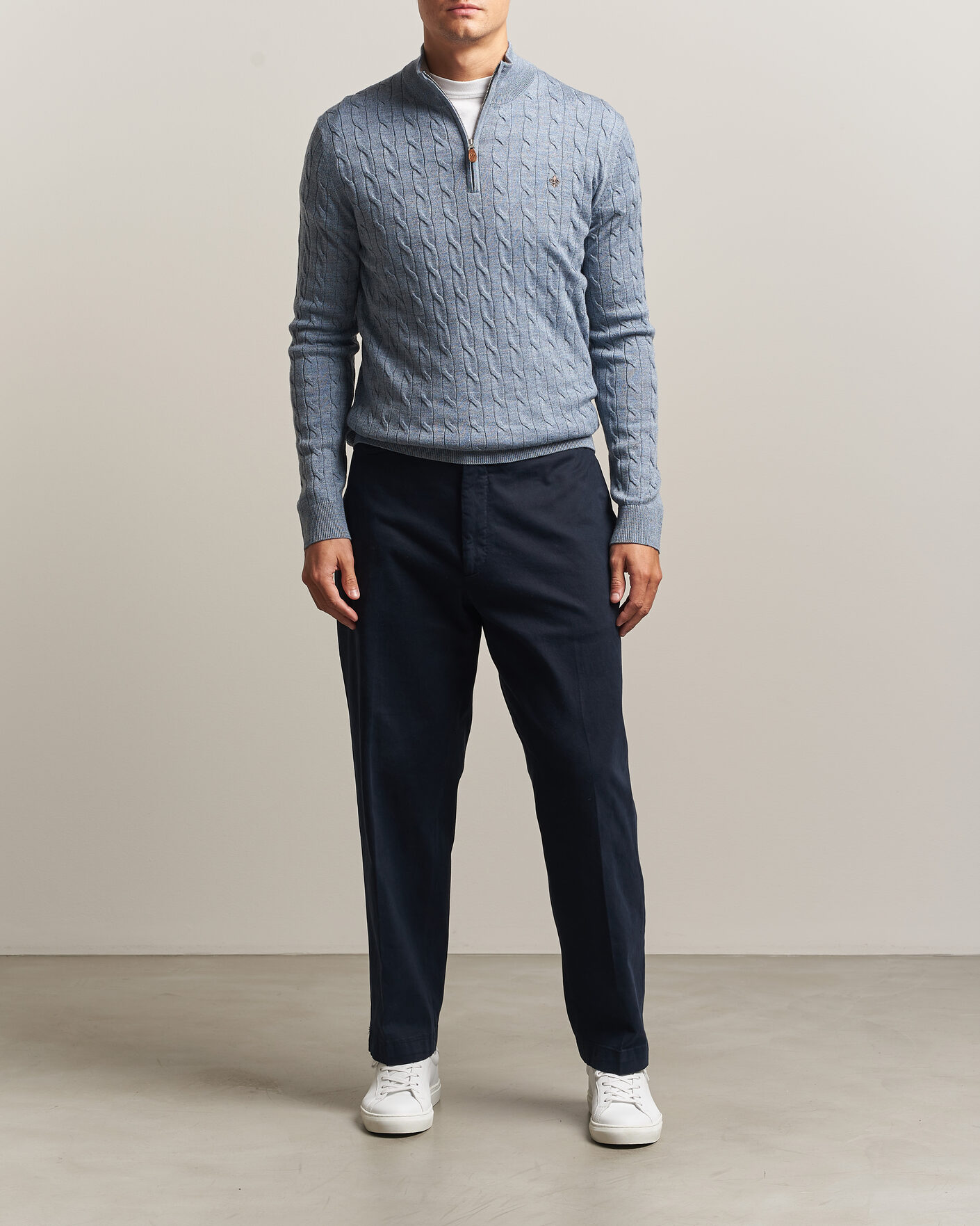 Heren | Truien | Morris | Merino Cable Half Zip Light Blue