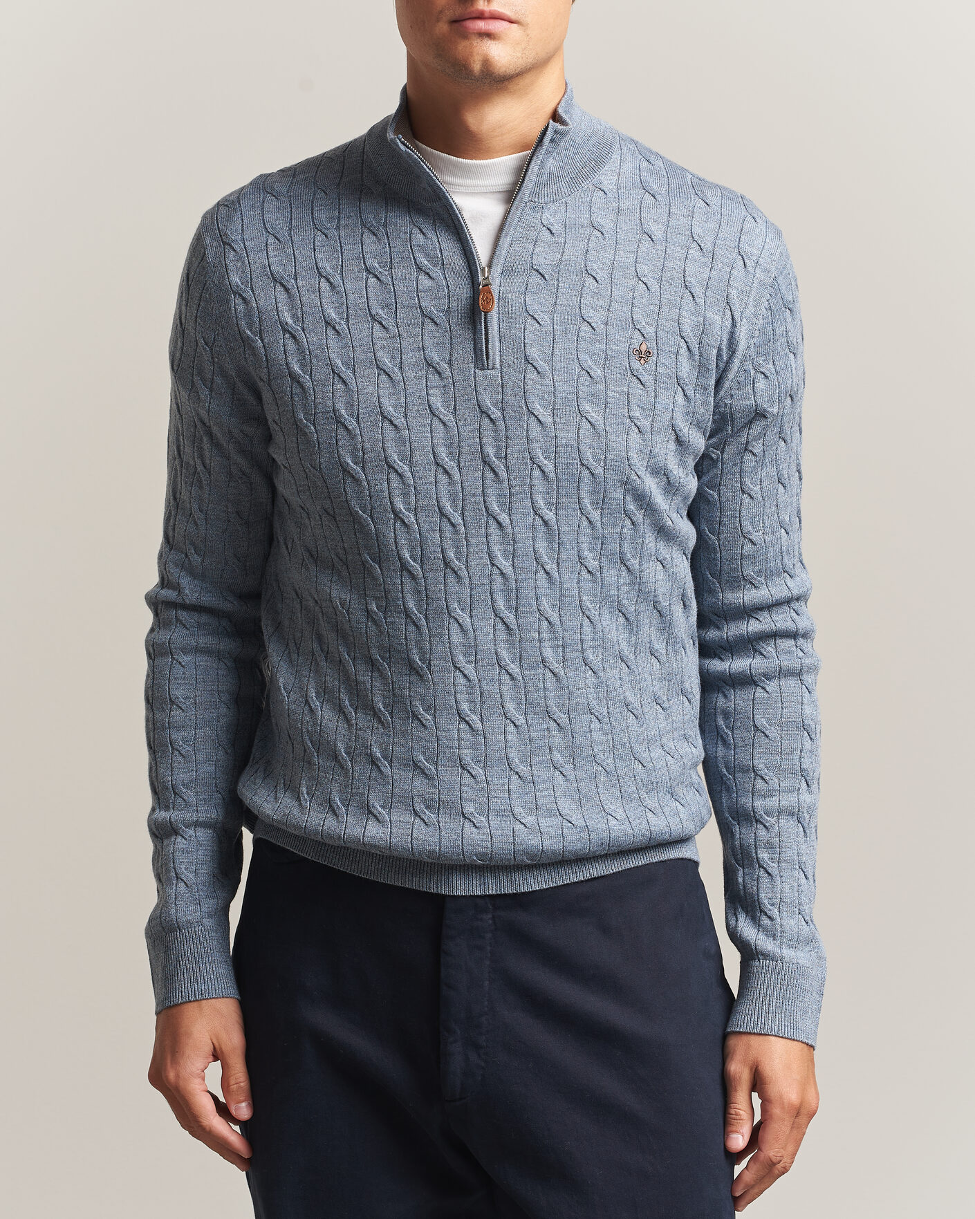 Heren | Truien | Morris | Merino Cable Half Zip Light Blue