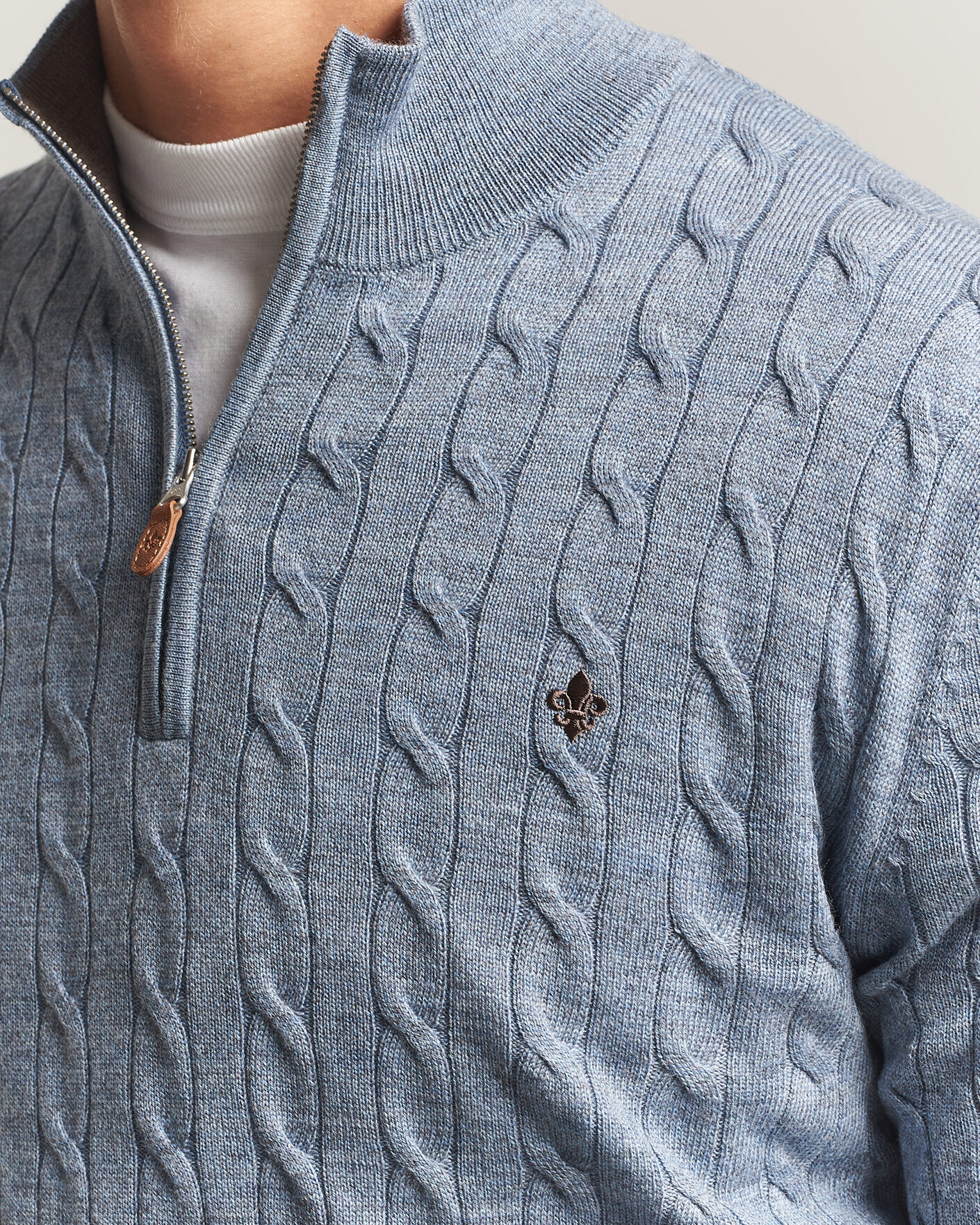 Heren | Truien | Morris | Merino Cable Half Zip Light Blue