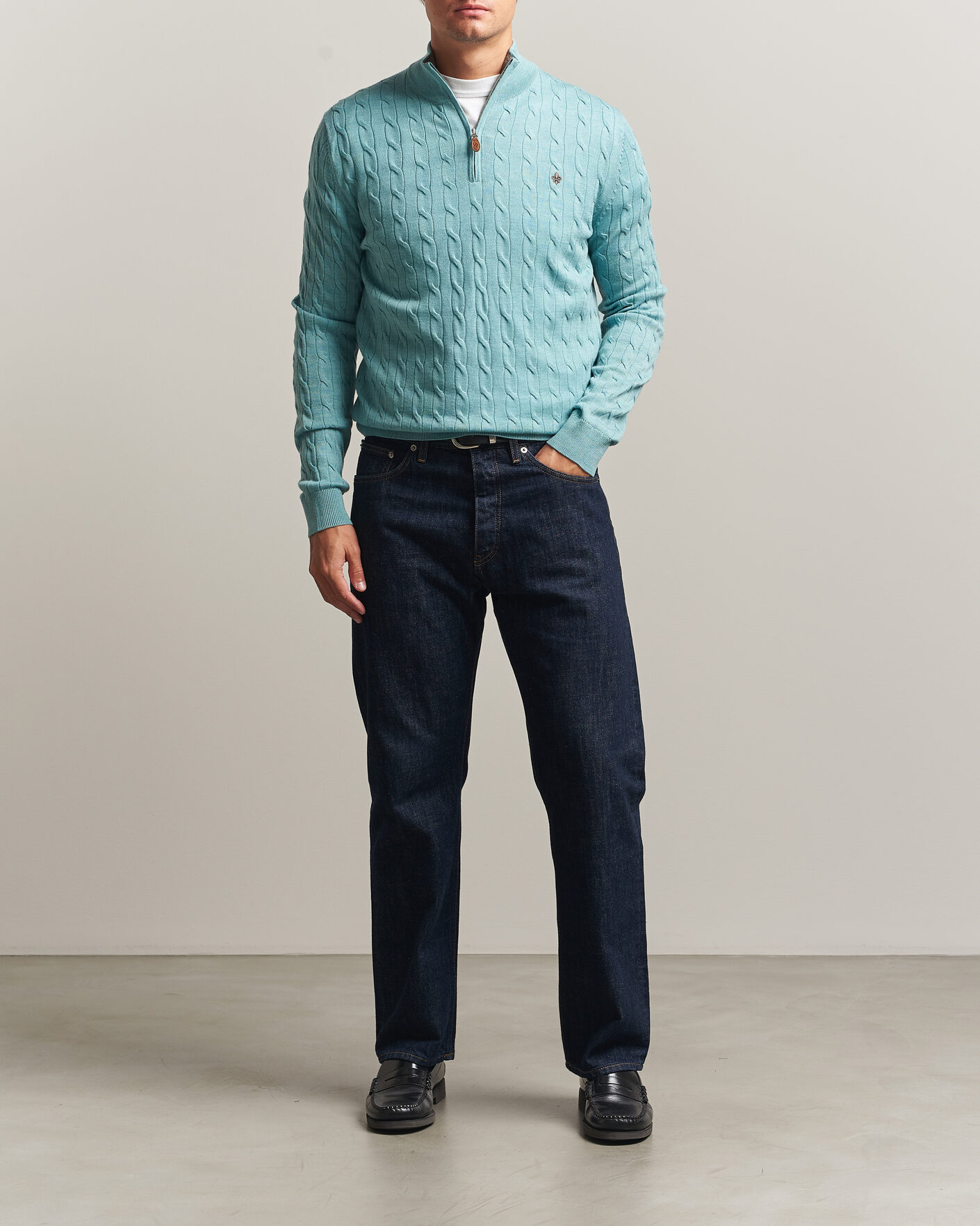 Heren | Truien | Morris | Merino Cable Half Zip Ocean Blue