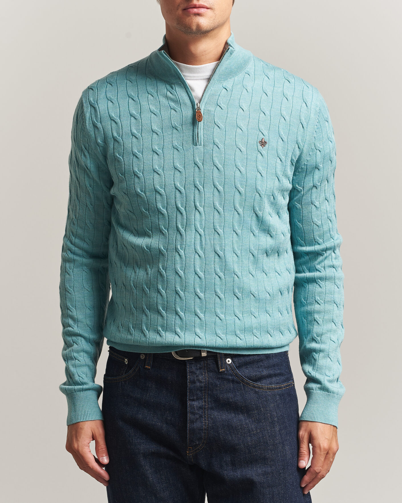 Heren | Truien | Morris | Merino Cable Half Zip Ocean Blue