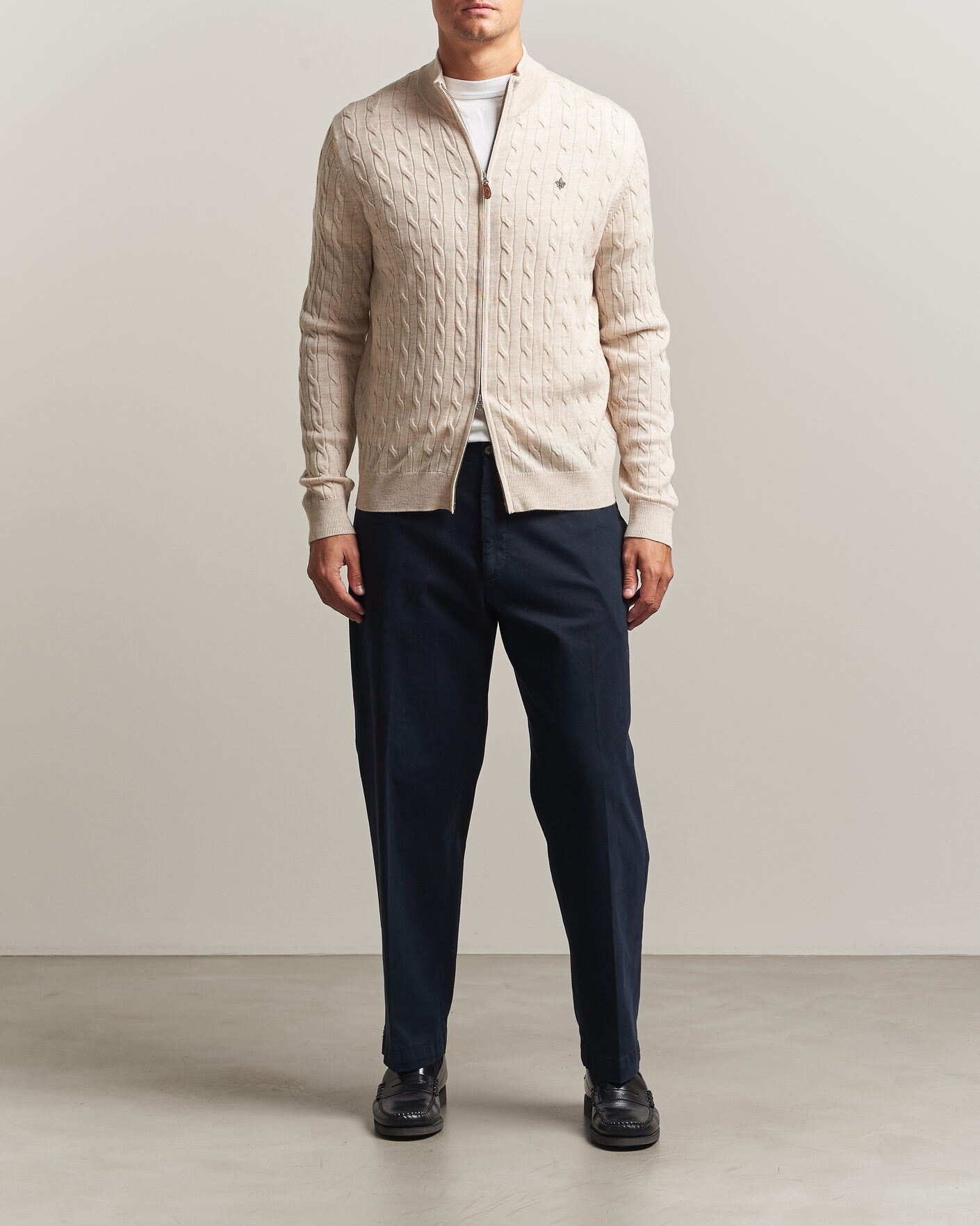 Heren | Truien | Morris | Merino Cable Zip Cardigan Off White