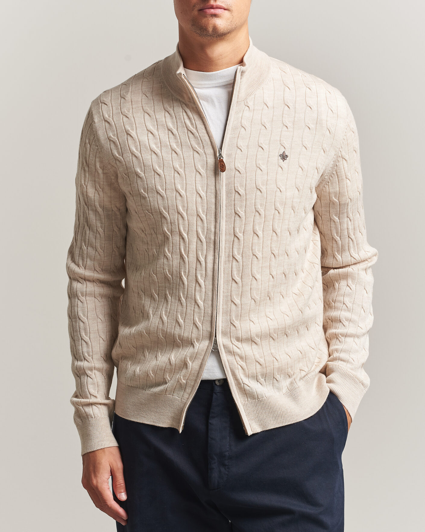 Heren | Truien | Morris | Merino Cable Zip Cardigan Off White
