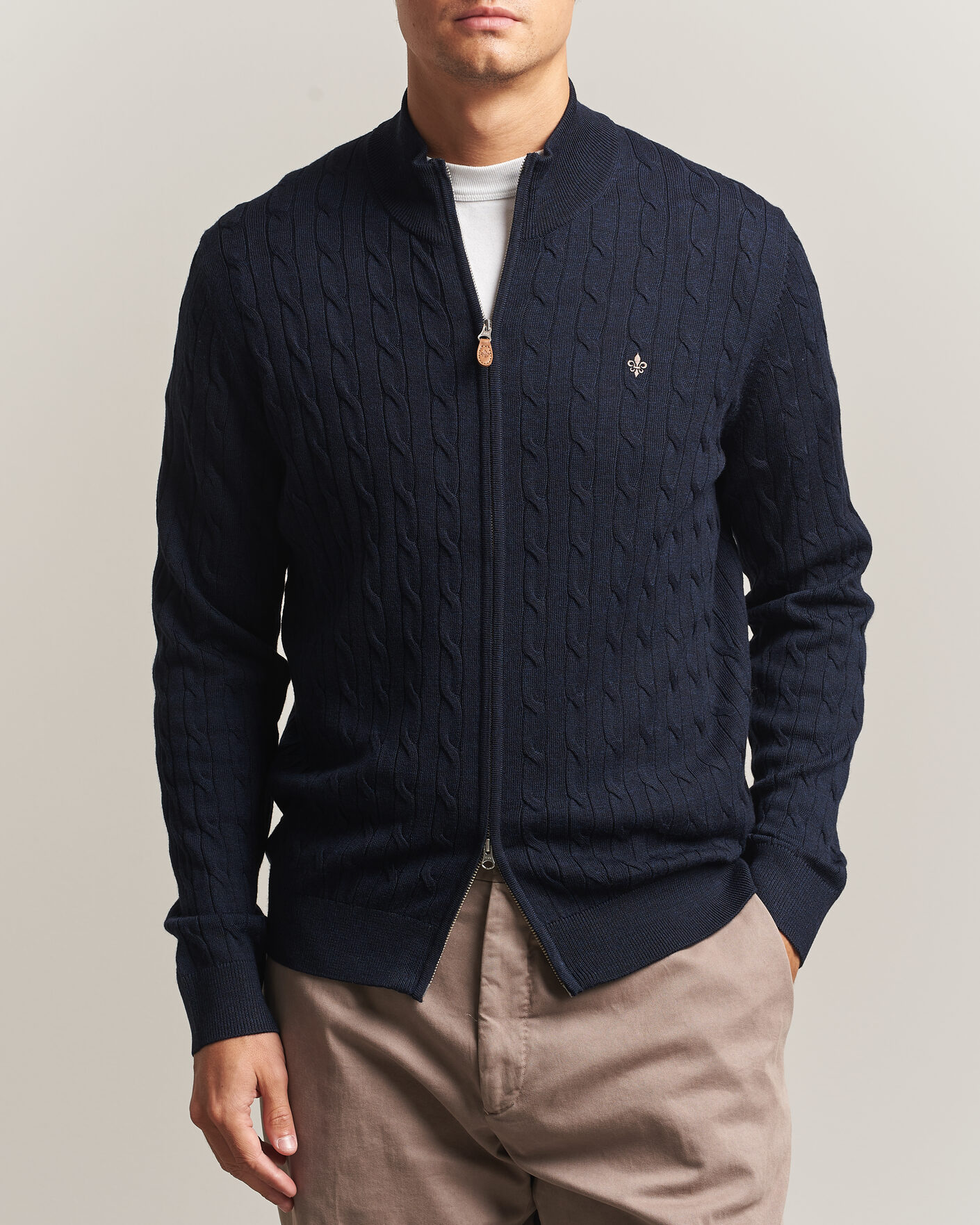 Heren | Truien | Morris | Merino Cable Zip Cardigan Navy