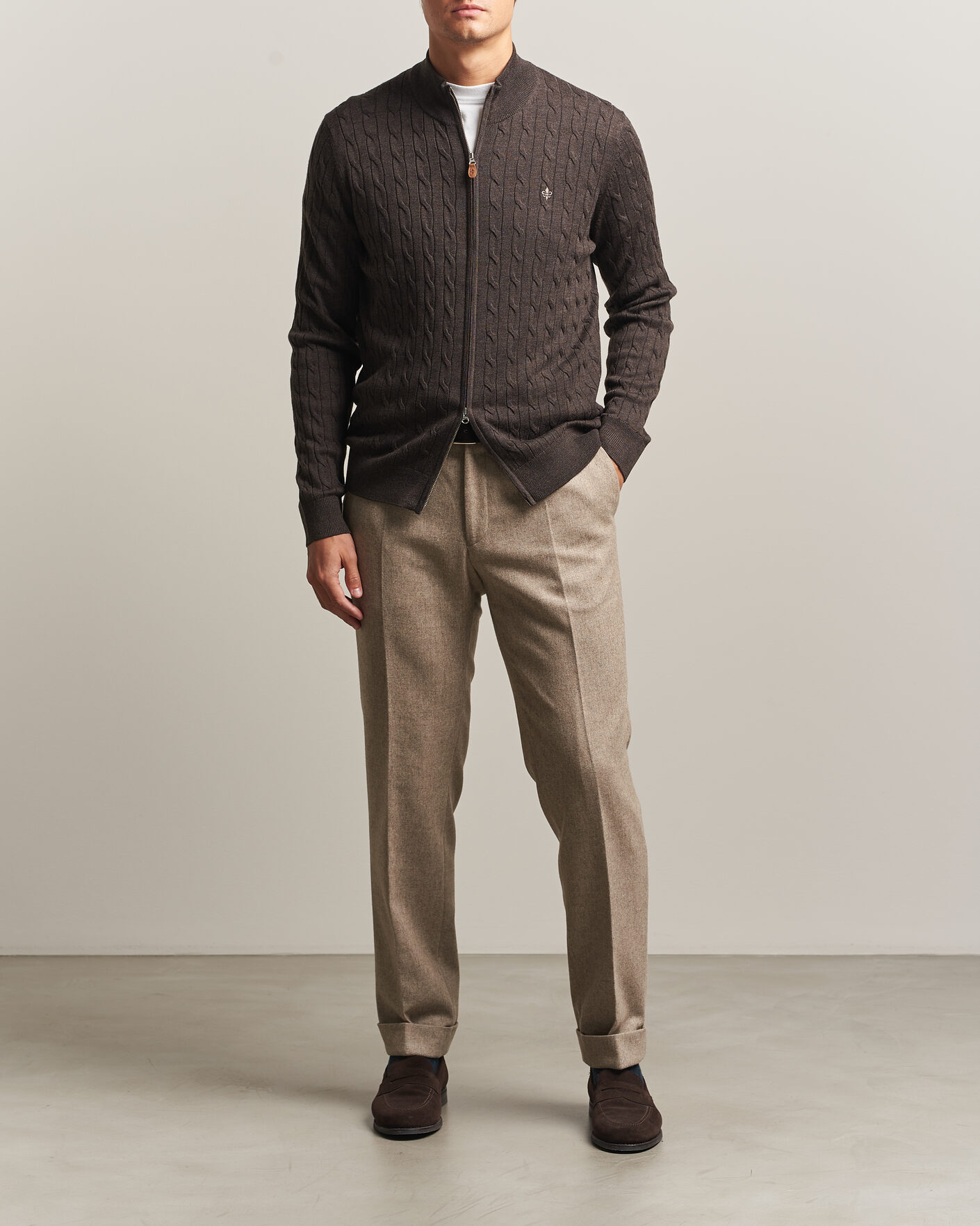 Heren | Truien | Morris | Merino Cable Zip Cardigan Brown