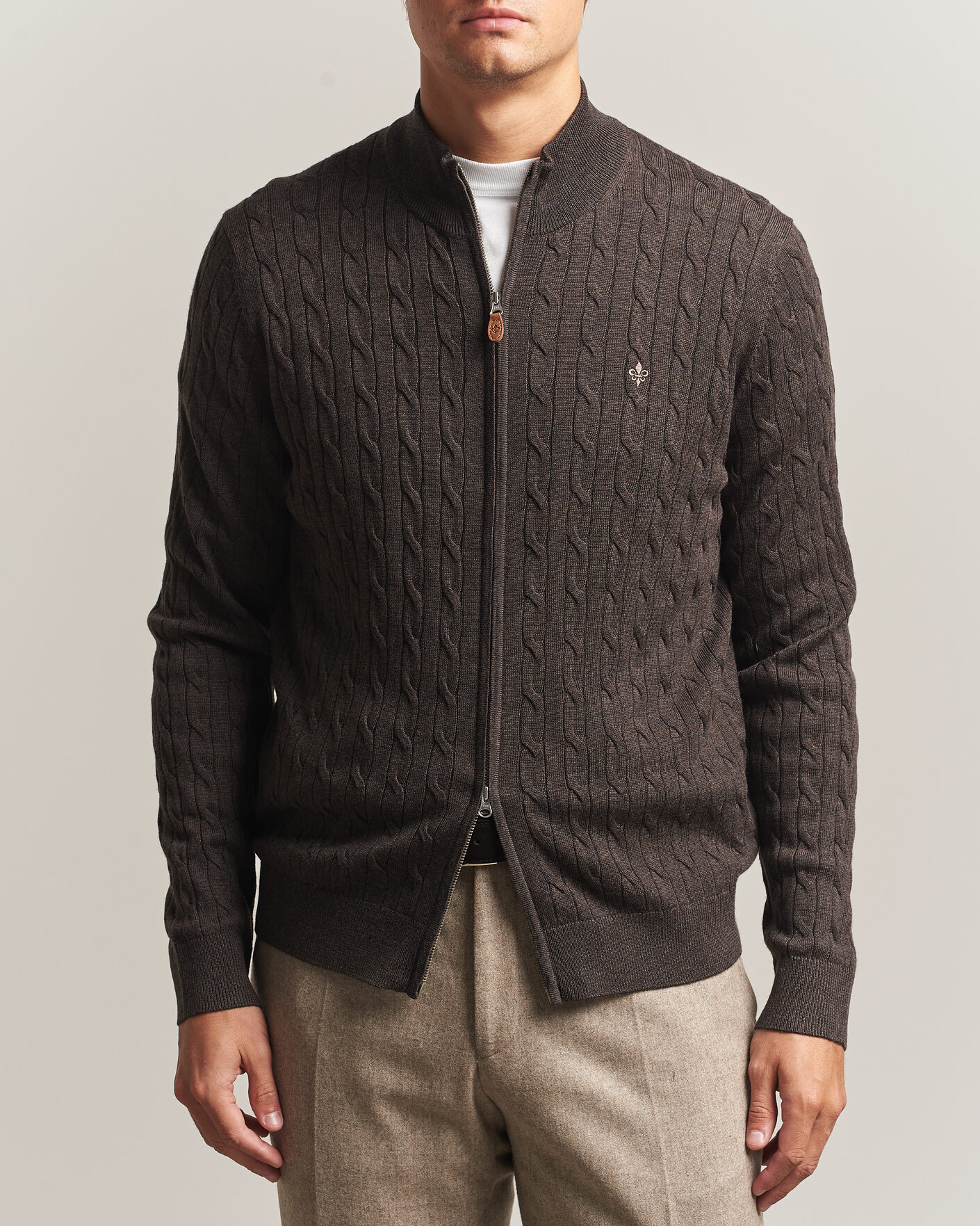 Heren | Truien | Morris | Merino Cable Zip Cardigan Brown