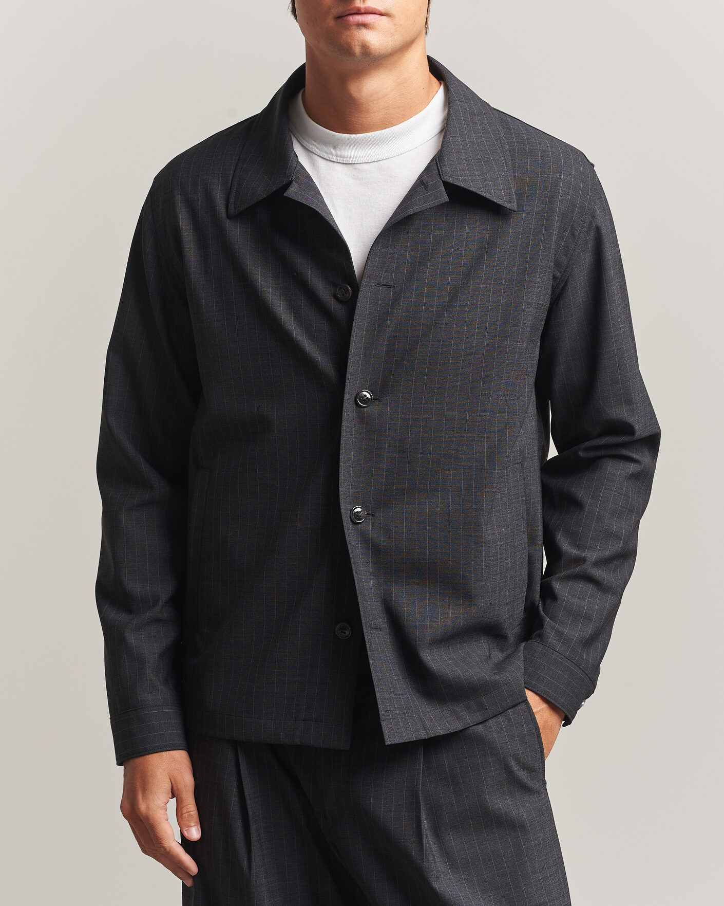 Heren | Overhemden | NN07 | Zander Wool Pinstriped Overshirt Dark Grey