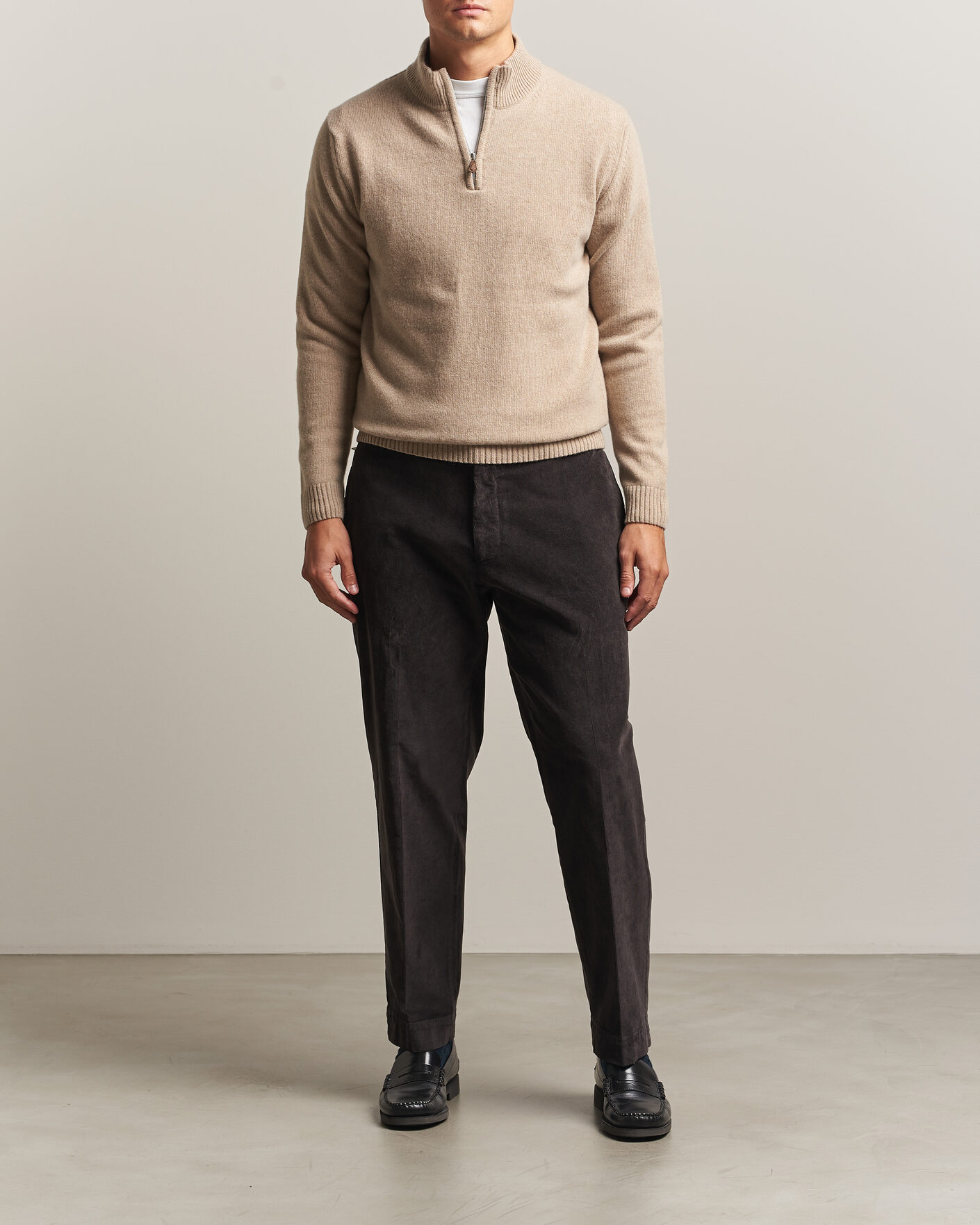 Heren | Truien | Stenströms | Brushed Merino Half-Zip Beige
