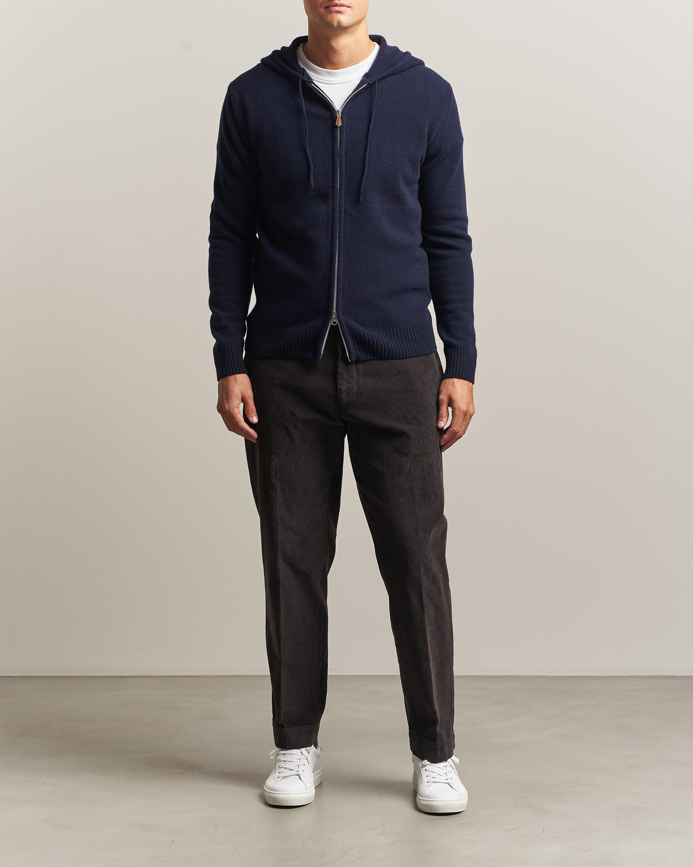 Heren | Truien | Stenströms | Brushed Merino Full-Zip Hood Navy
