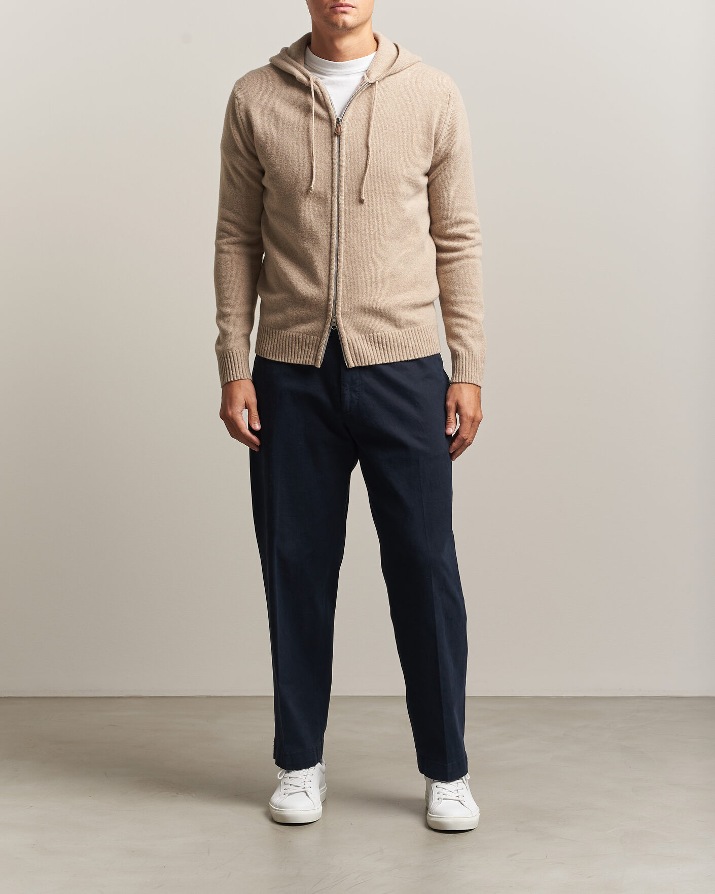 Heren | Truien | Stenströms | Brushed Merino Full-Zip Hood Beige