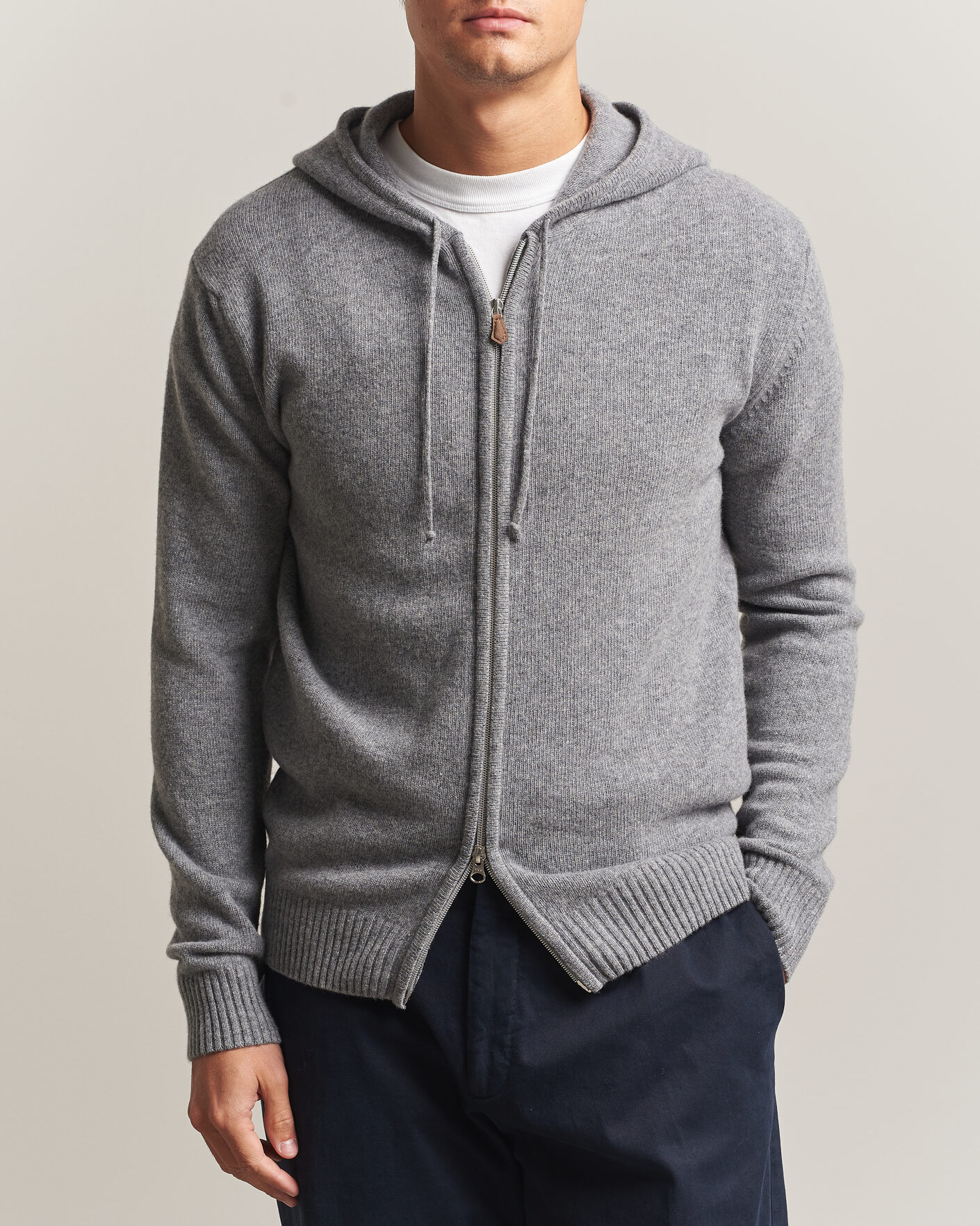 Heren | Truien | Stenströms | Brushed Merino Full-Zip Hood Grey