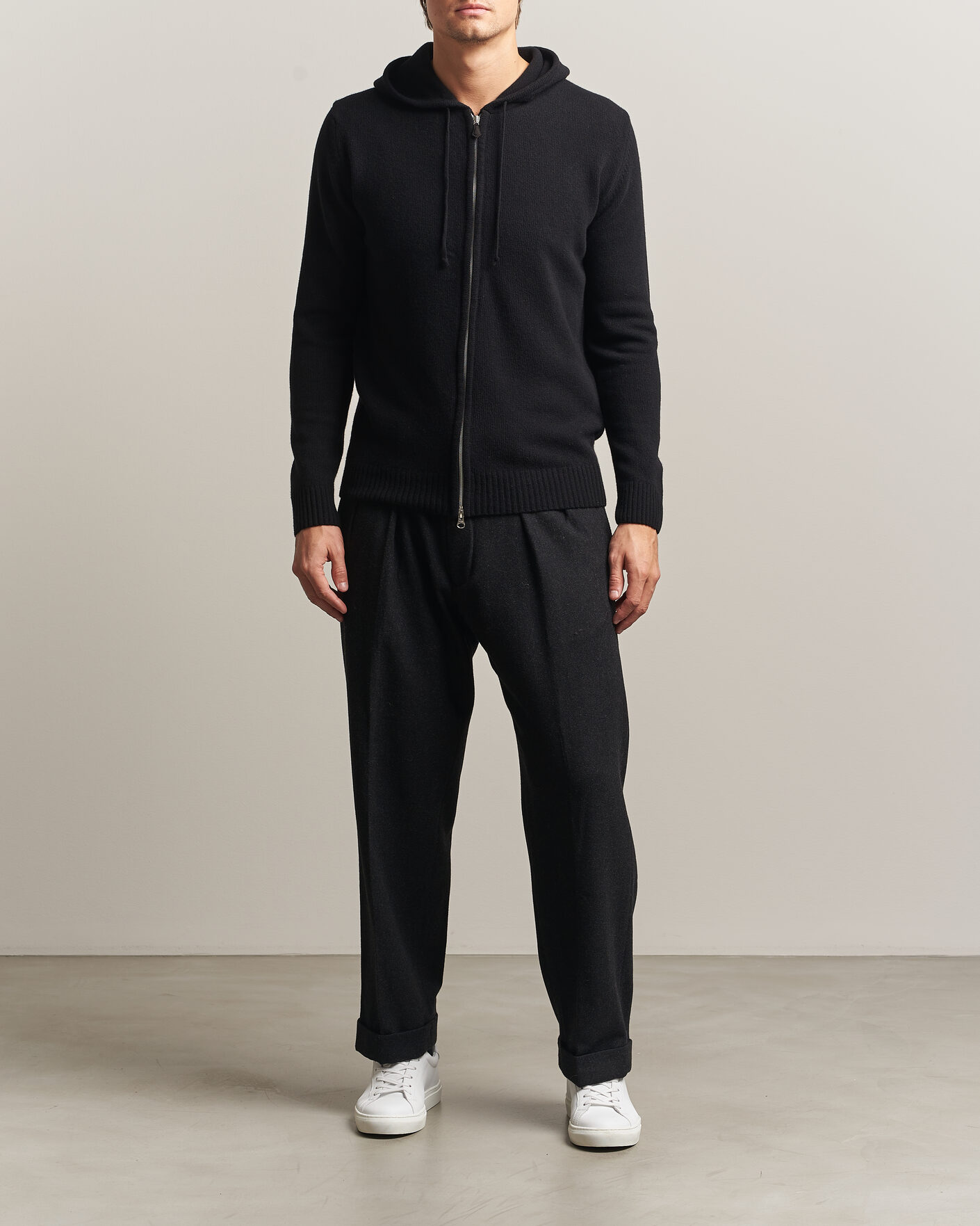 Heren | Truien | Stenströms | Brushed Merino Full-Zip Hood Black