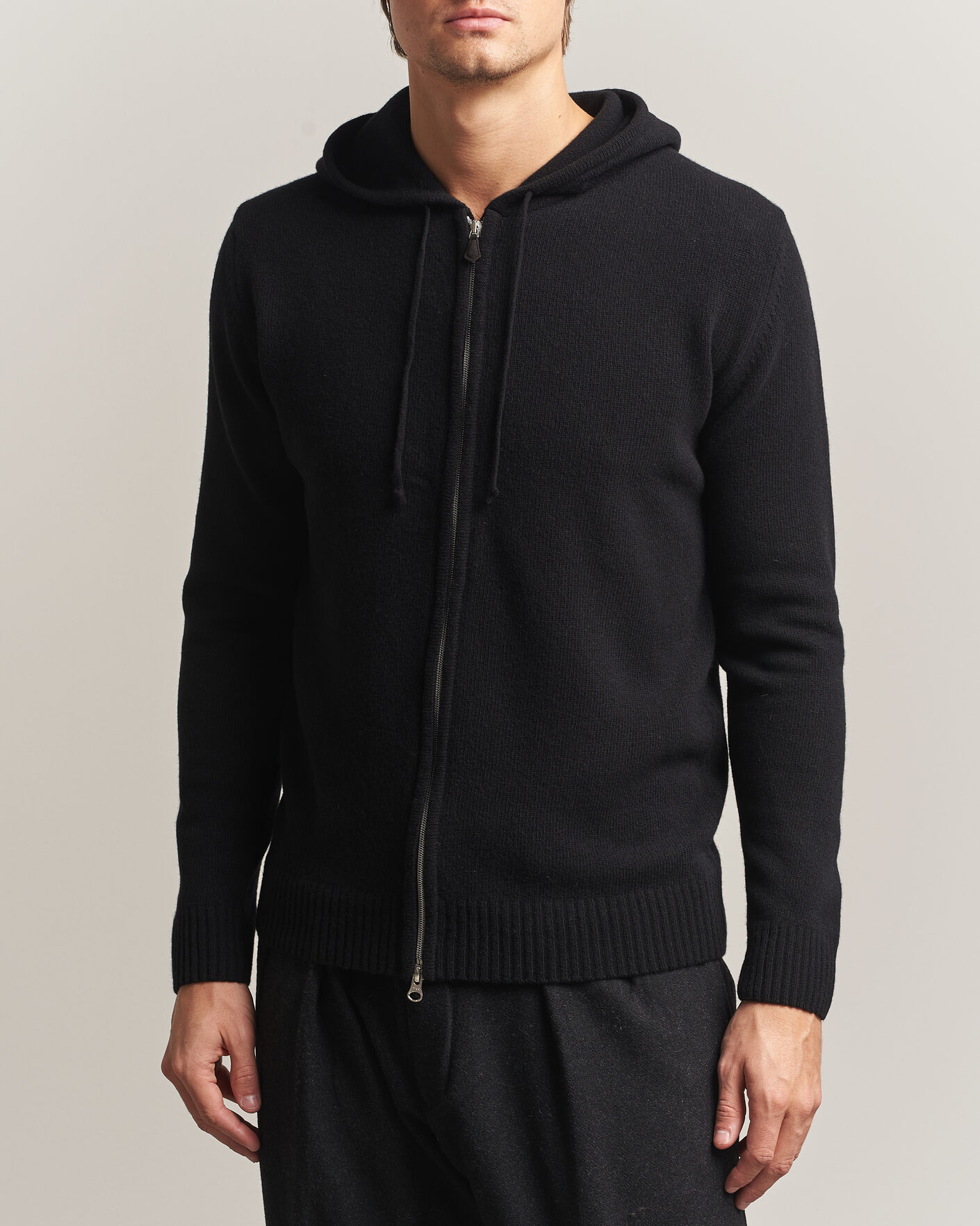Heren | Truien | Stenströms | Brushed Merino Full-Zip Hood Black