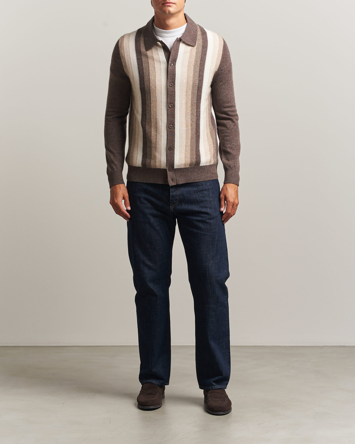 Heren | Truien | Stenströms | Cashmere Striped Polo Cardigan Brown