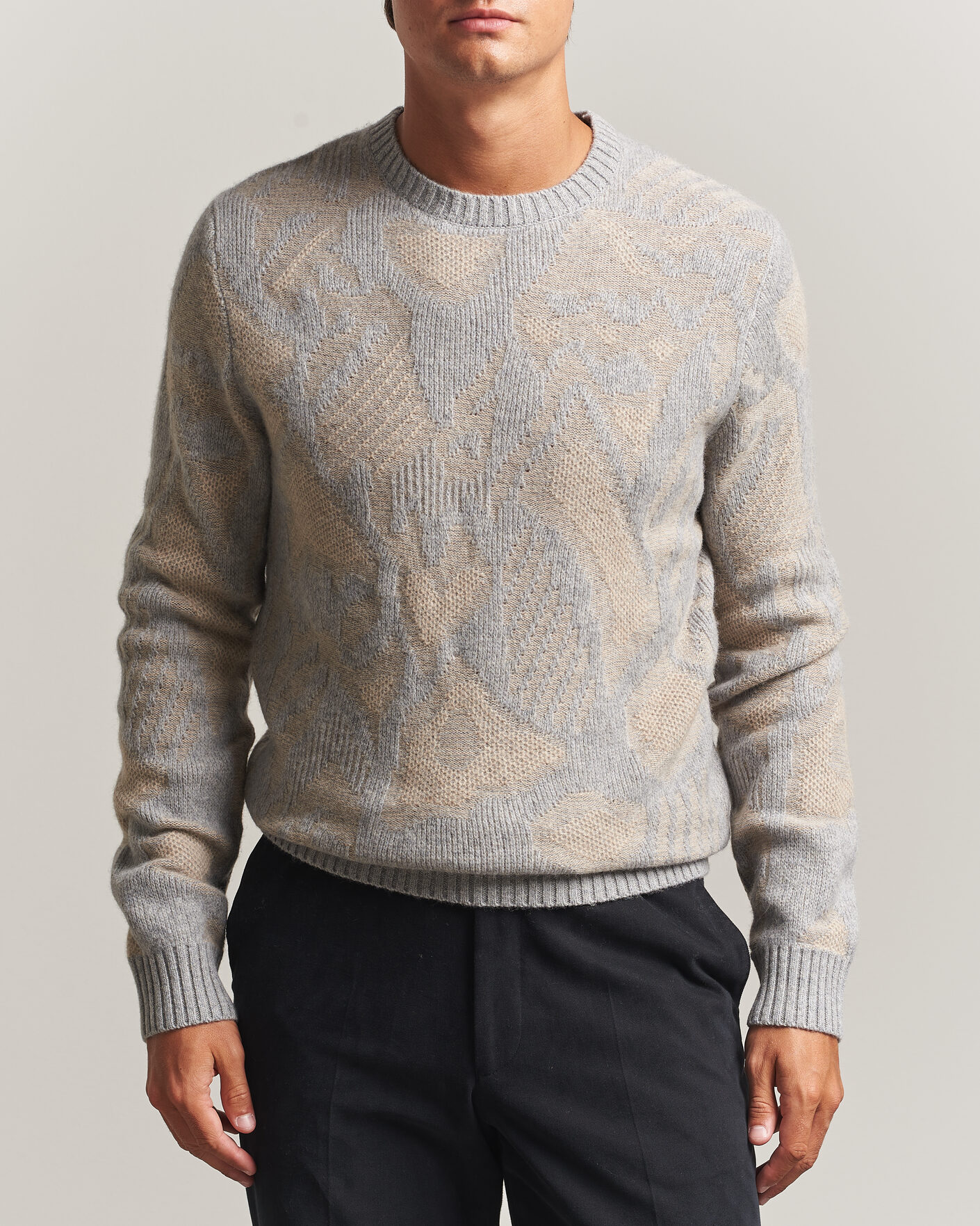 Heren | Truien | Stenströms | Knitted Jaquard Yak/Merino Sweater Beige Grey