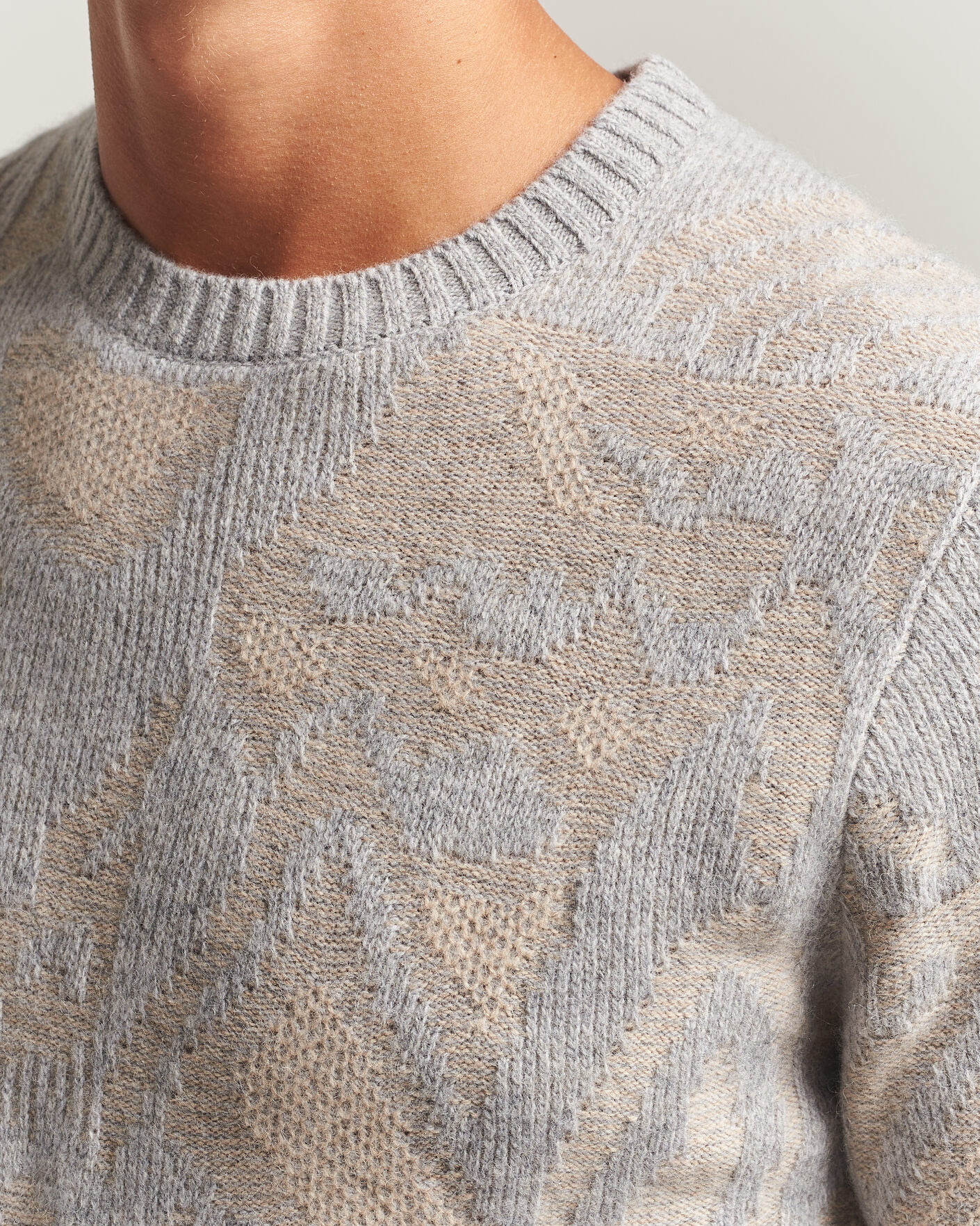 Heren | Truien | Stenströms | Knitted Jaquard Yak/Merino Sweater Beige Grey