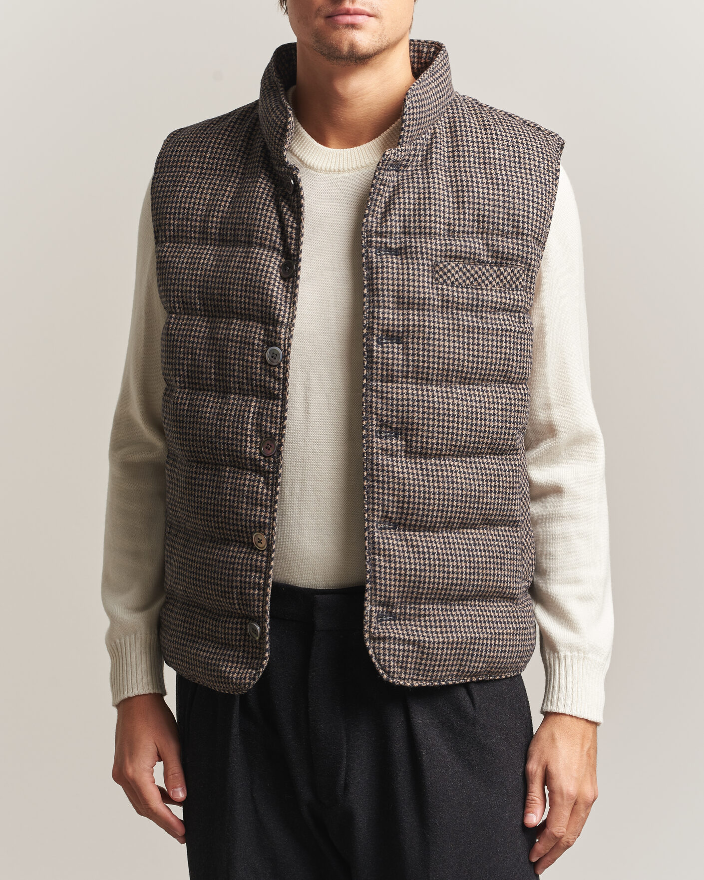 Heren | Gilets | Stenströms | Padded Houndstooth Wool Vest Brown