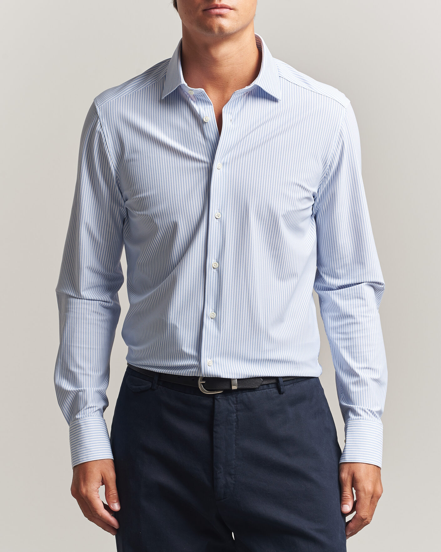 Heren | Overhemden | Stenströms | Slimline Active Stretch Striped Shirt Light Blue