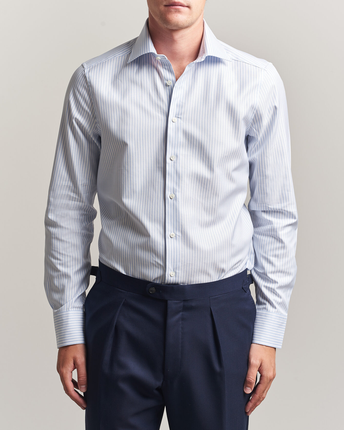 Heren | Overhemden | Stenströms | Slimline Twofold Cotton Stripe Shirt Light Blue