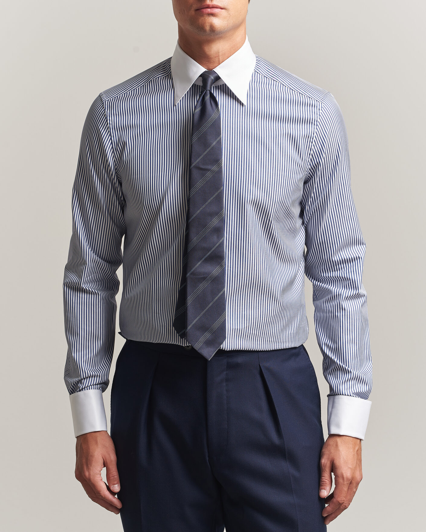 Heren | Overhemden | Stenströms | Slimline White Collar Stripe Whinchester Shirt Blue