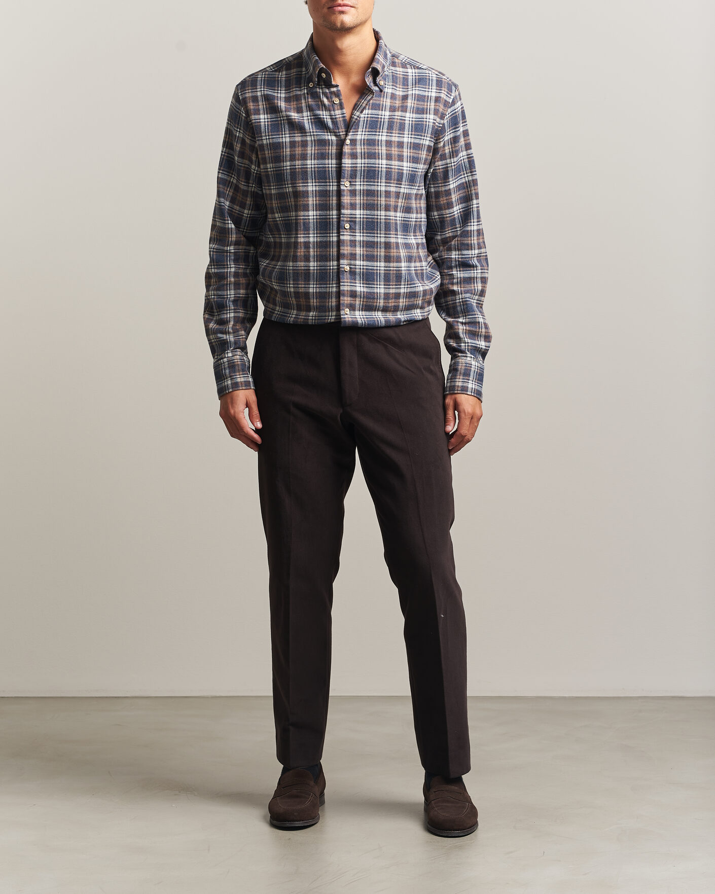 Heren | Overhemden | Stenströms | Regular Fit Check Cut Away Flannel Shirt Navy
