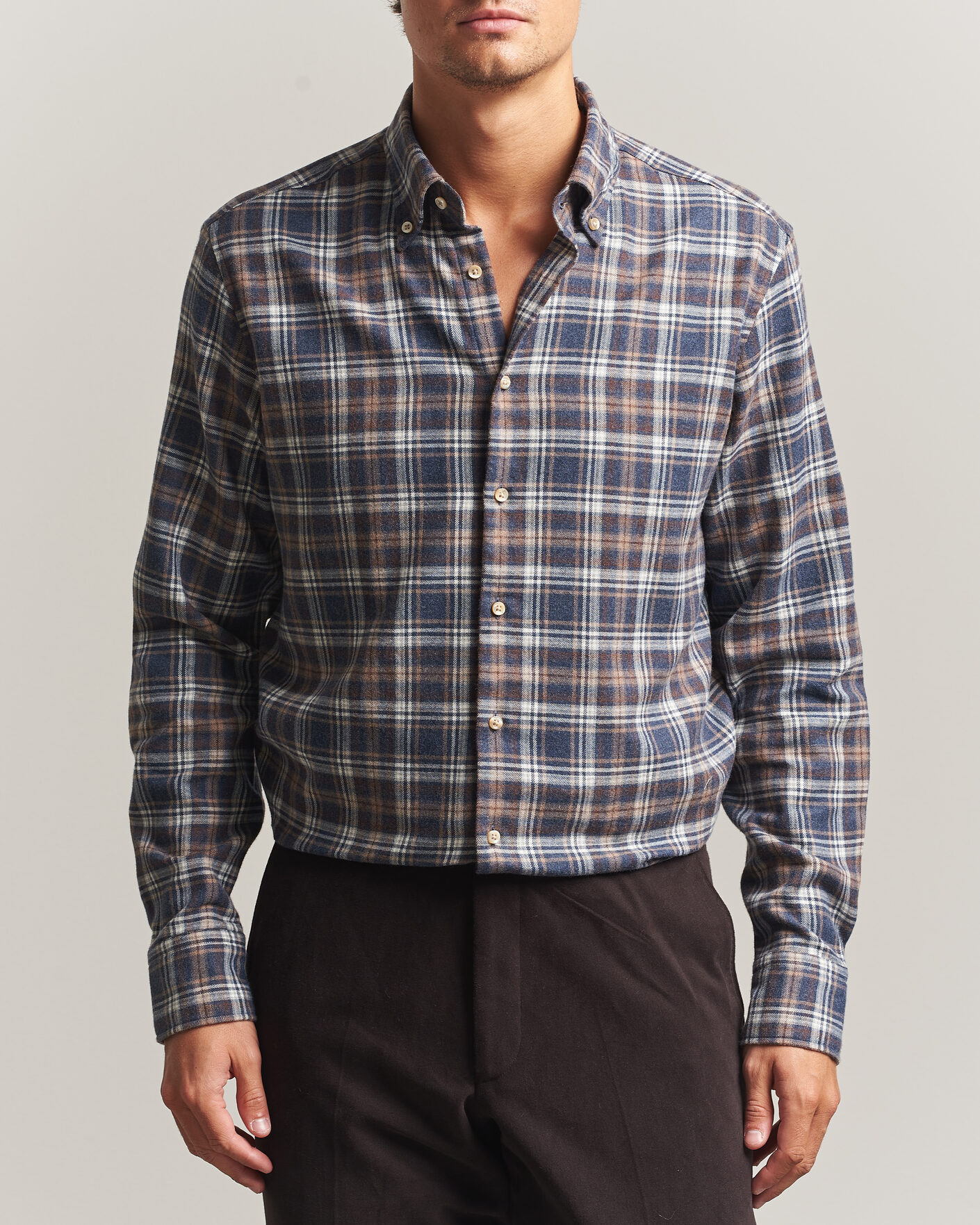Heren | Overhemden | Stenströms | Regular Fit Check Cut Away Flannel Shirt Navy