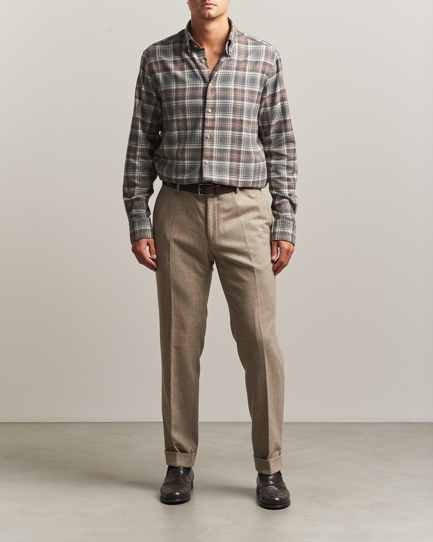 Heren | Overhemden | Stenströms | Regular Fit Check Cut Away Flannel Shirt Brown