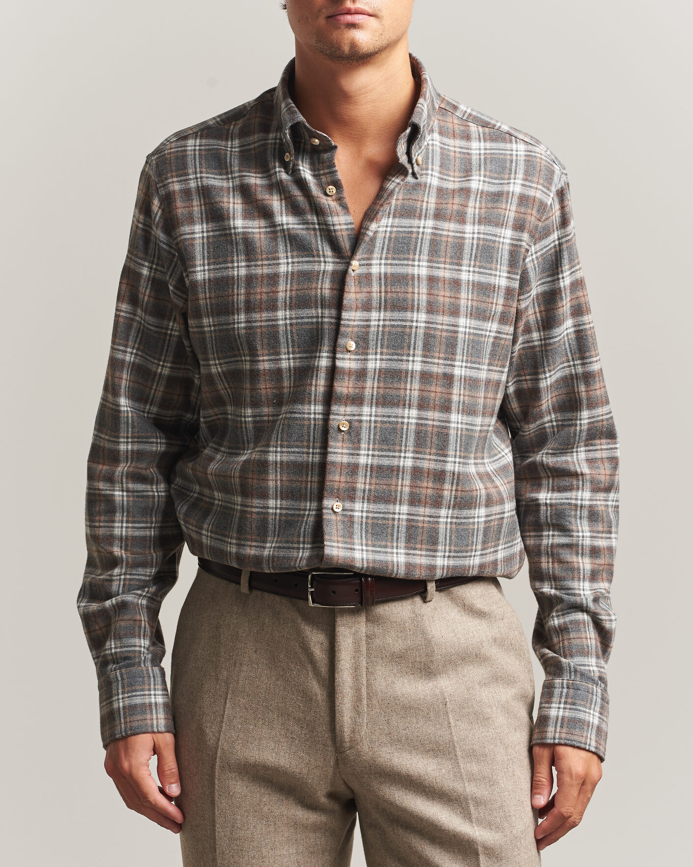 Heren | Overhemden | Stenströms | Regular Fit Check Cut Away Flannel Shirt Brown