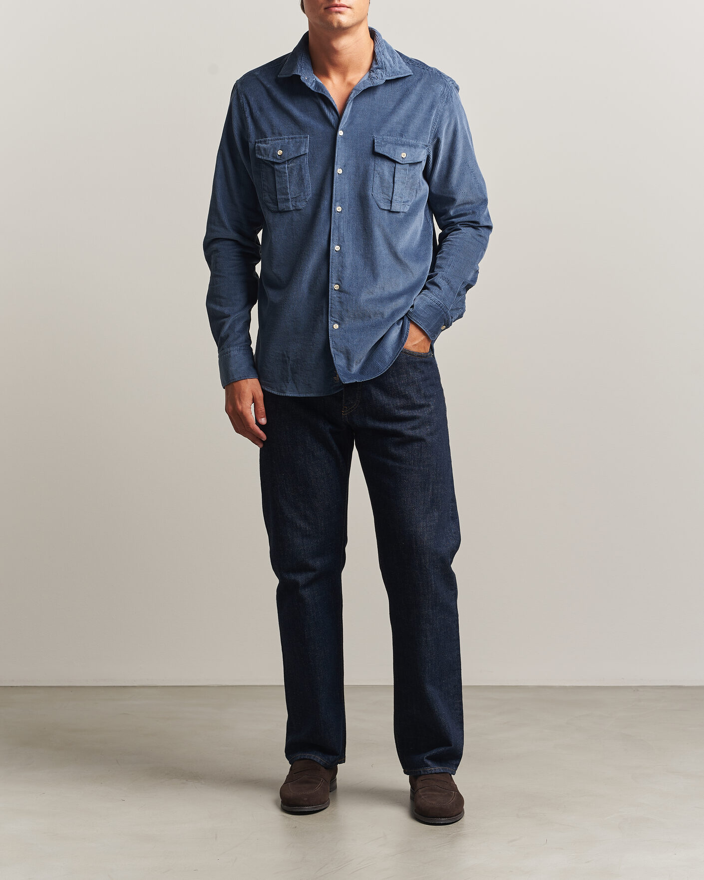 Heren | Overhemden | Stenströms | Regular Fit Cord Pocket Shirt Blue