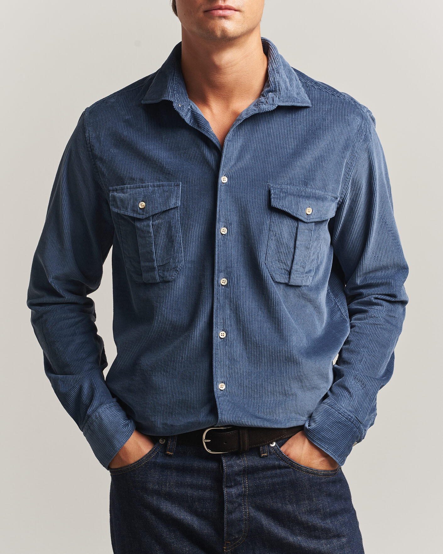 Heren | Overhemden | Stenströms | Regular Fit Cord Pocket Shirt Blue