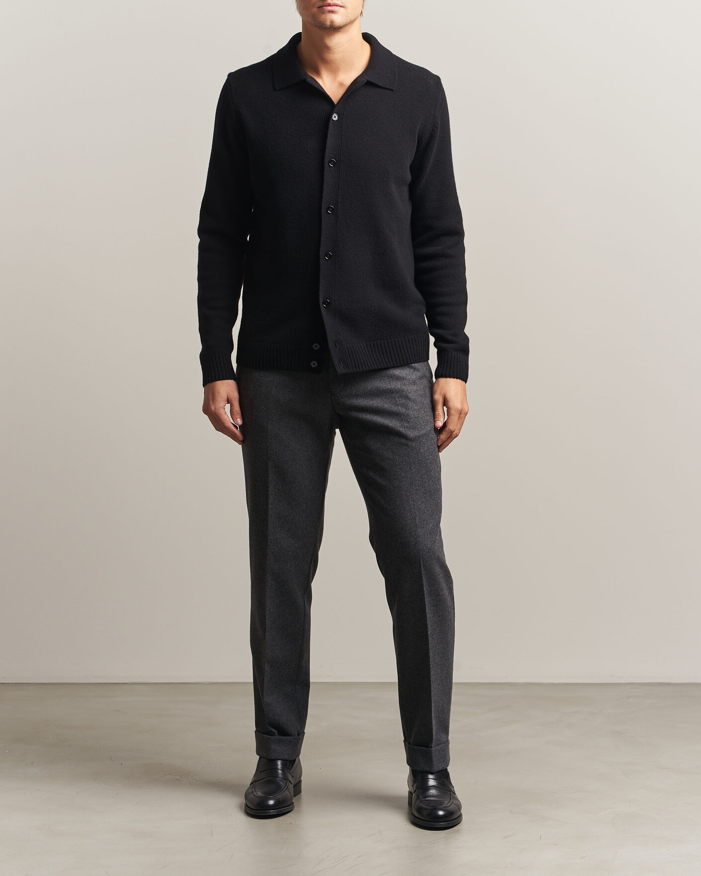 Heren | Truien | Stenströms | Brushed Merino Polo Cardigan Black