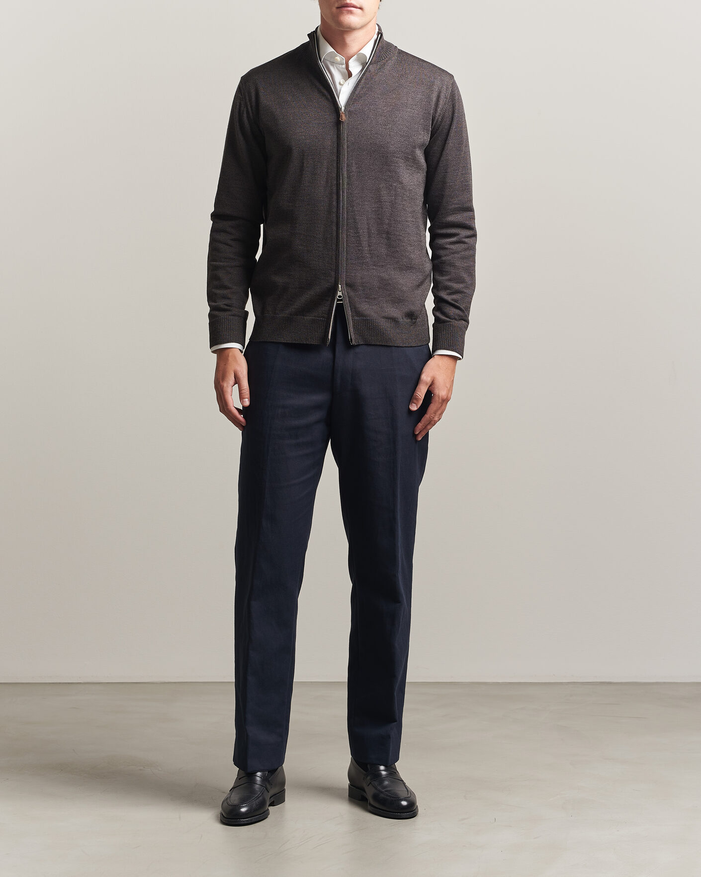 Heren | Truien | Stenströms | Merino Full Zip Dark Brown